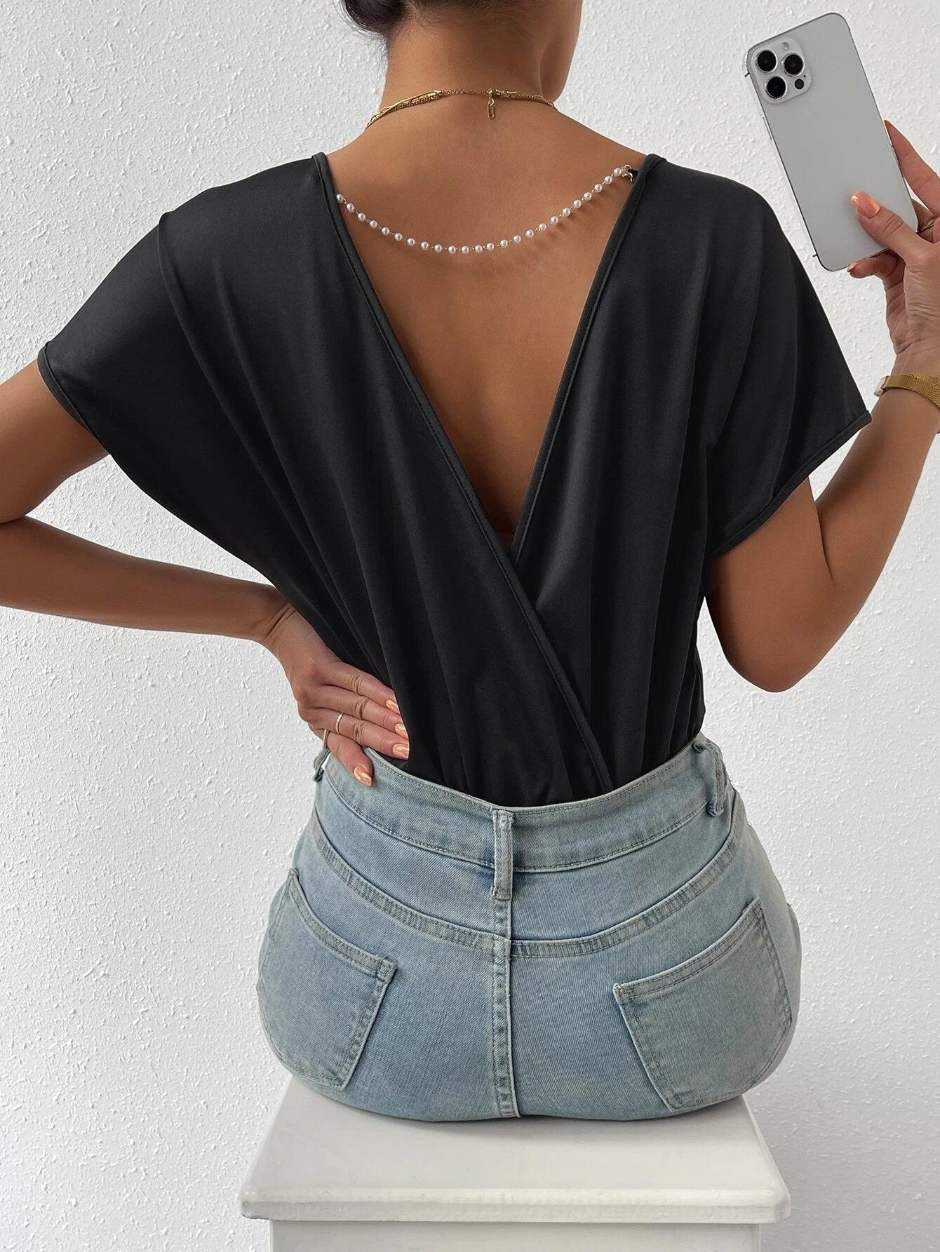 Chain Detailed Backless Batwing Sleeved Bodysuit-Comfy Jumpsuits