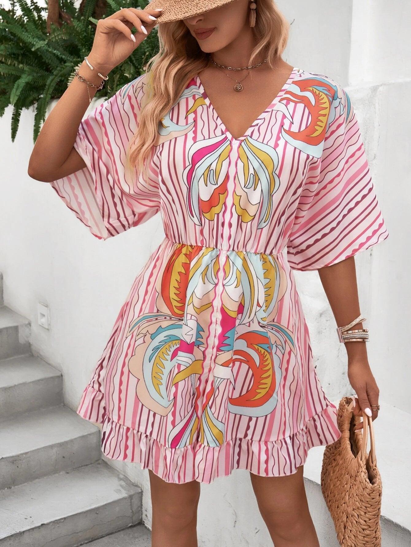Striped Print Batwing Sleeve Ruffle Hem Romper-Comfy Jumpsuits