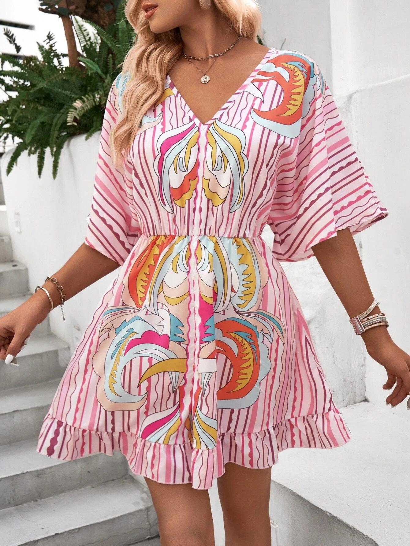 Striped Print Batwing Sleeve Ruffle Hem Romper-Comfy Jumpsuits
