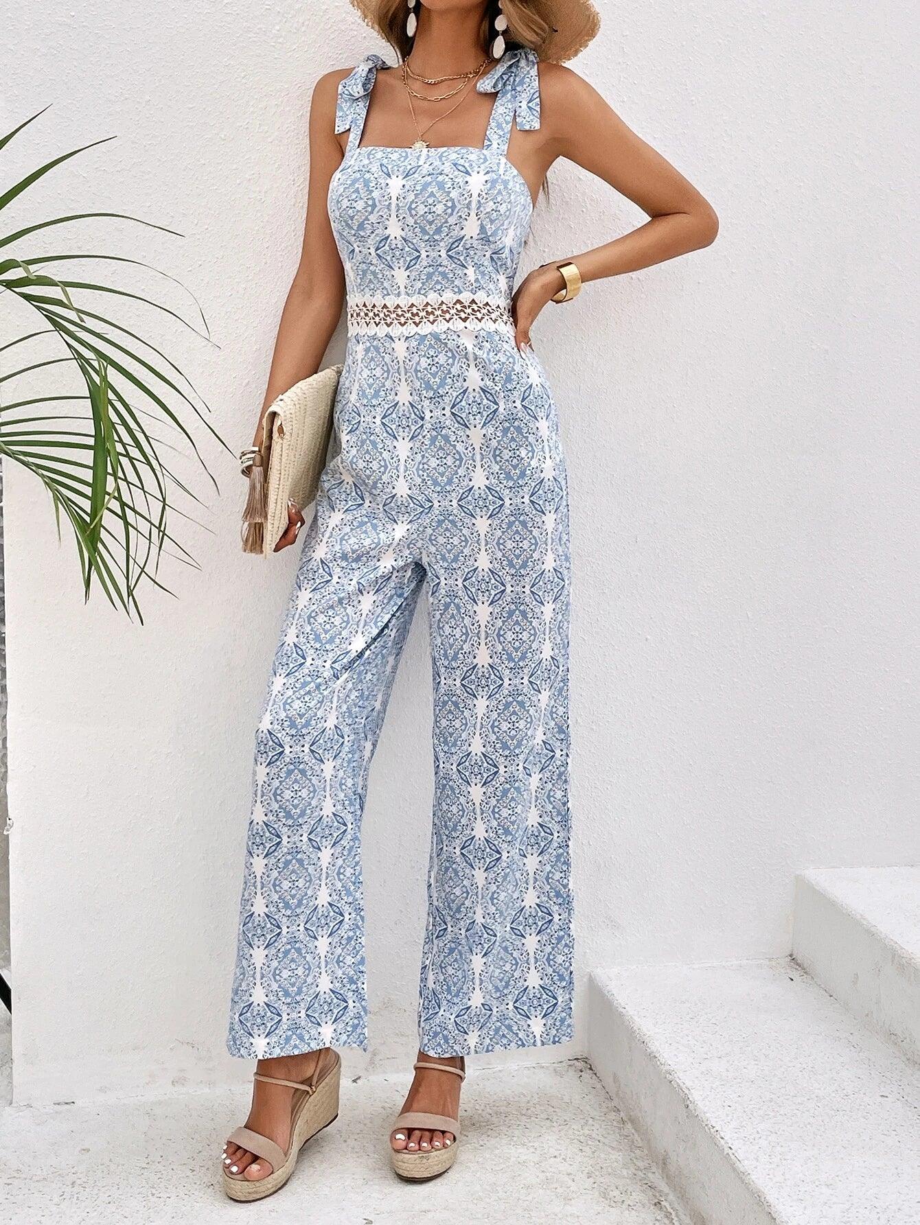 All Over Print Sleeveless Cami Jumpsuit-Comfy Jumpsuits