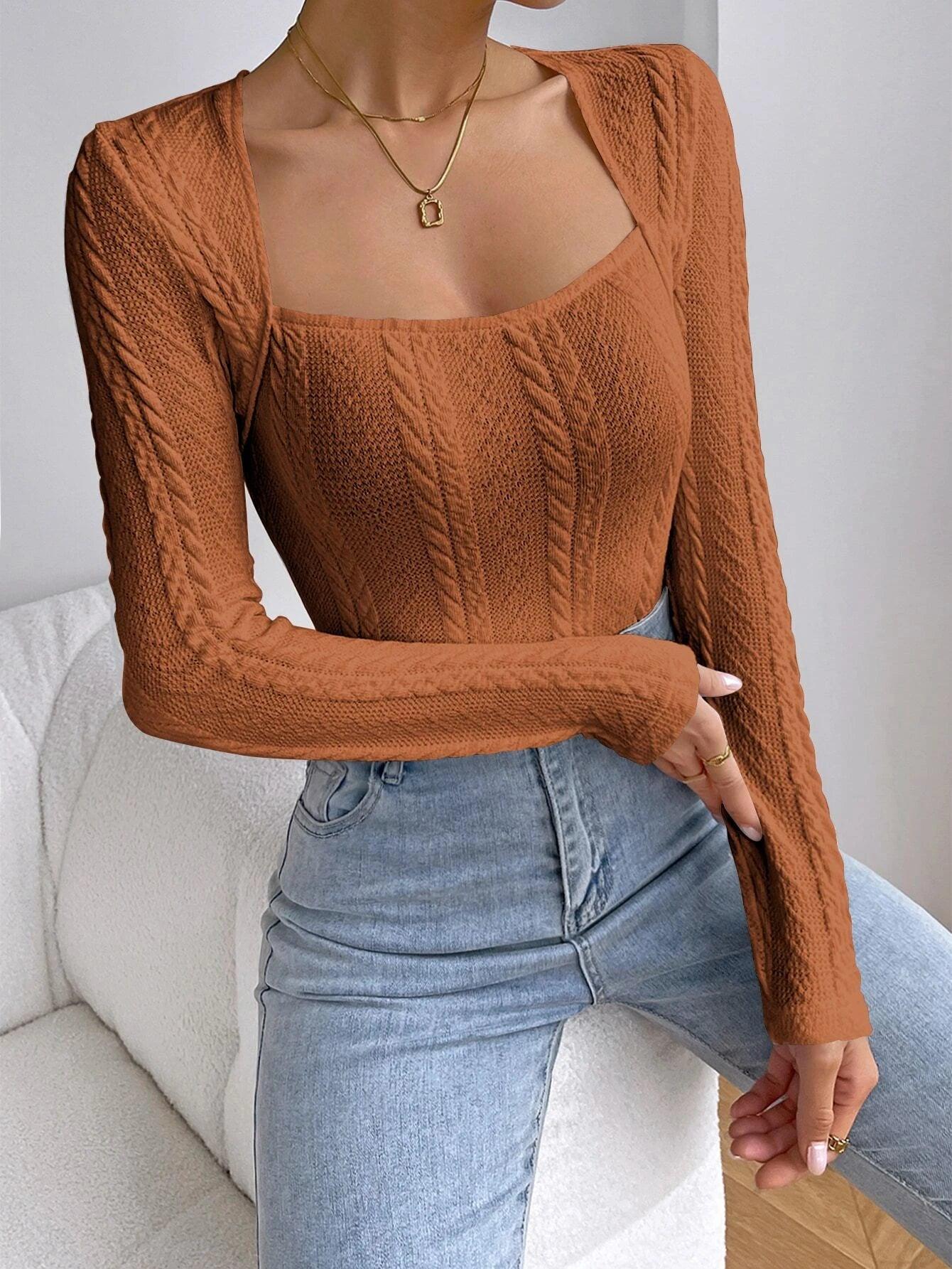 Square Neck Cable Knit Bodysuit-Comfy Jumpsuits