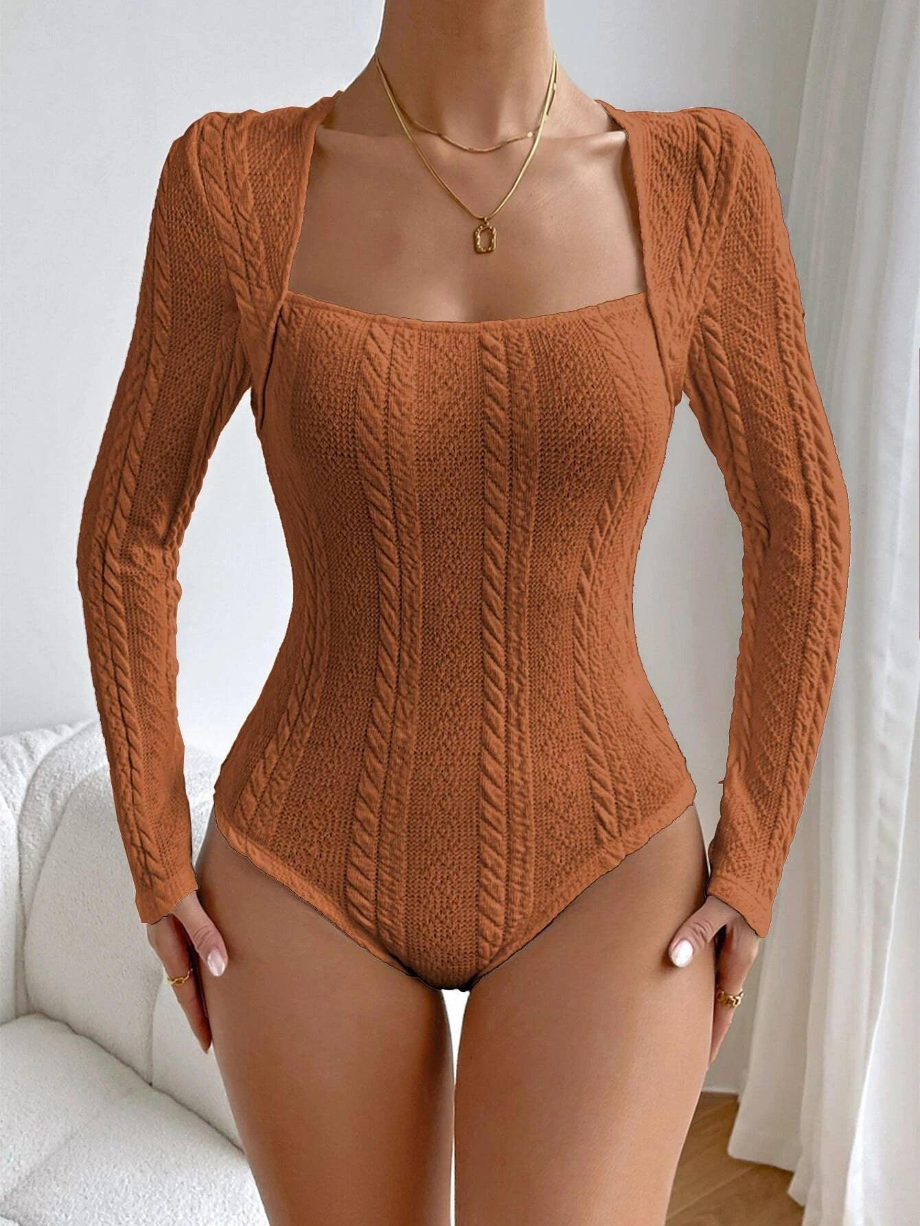 Square Neck Cable Knit Bodysuit-Comfy Jumpsuits