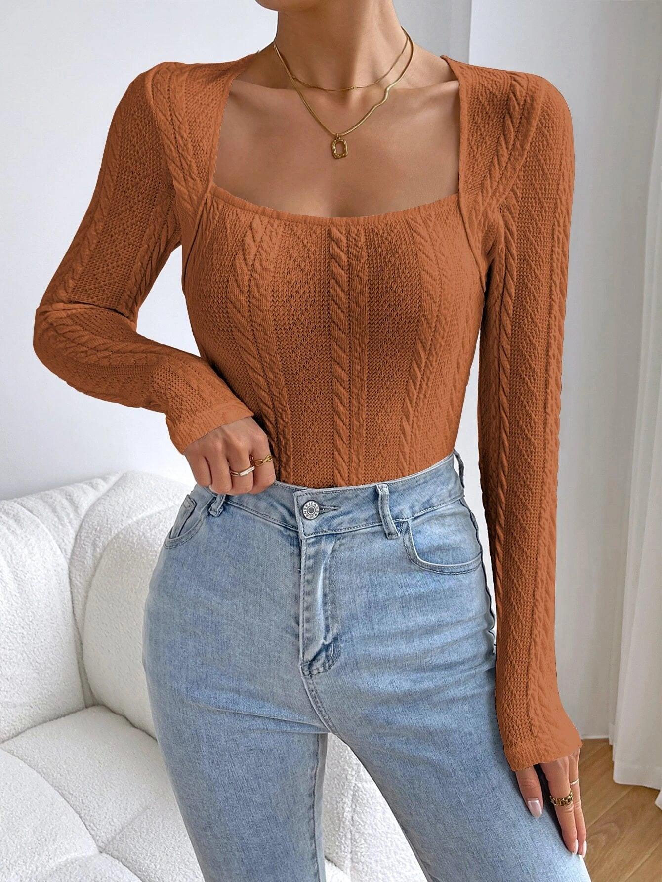 Square Neck Cable Knit Bodysuit-Comfy Jumpsuits