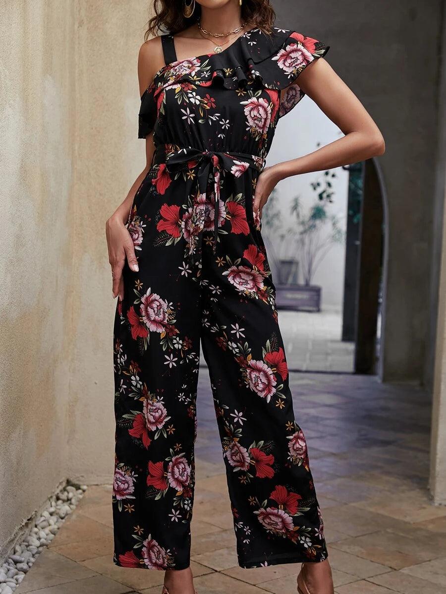 Floral Print Asymmetrical Neck Ruffle Trim Belted Jumpsuit-Comfy Jumpsuits