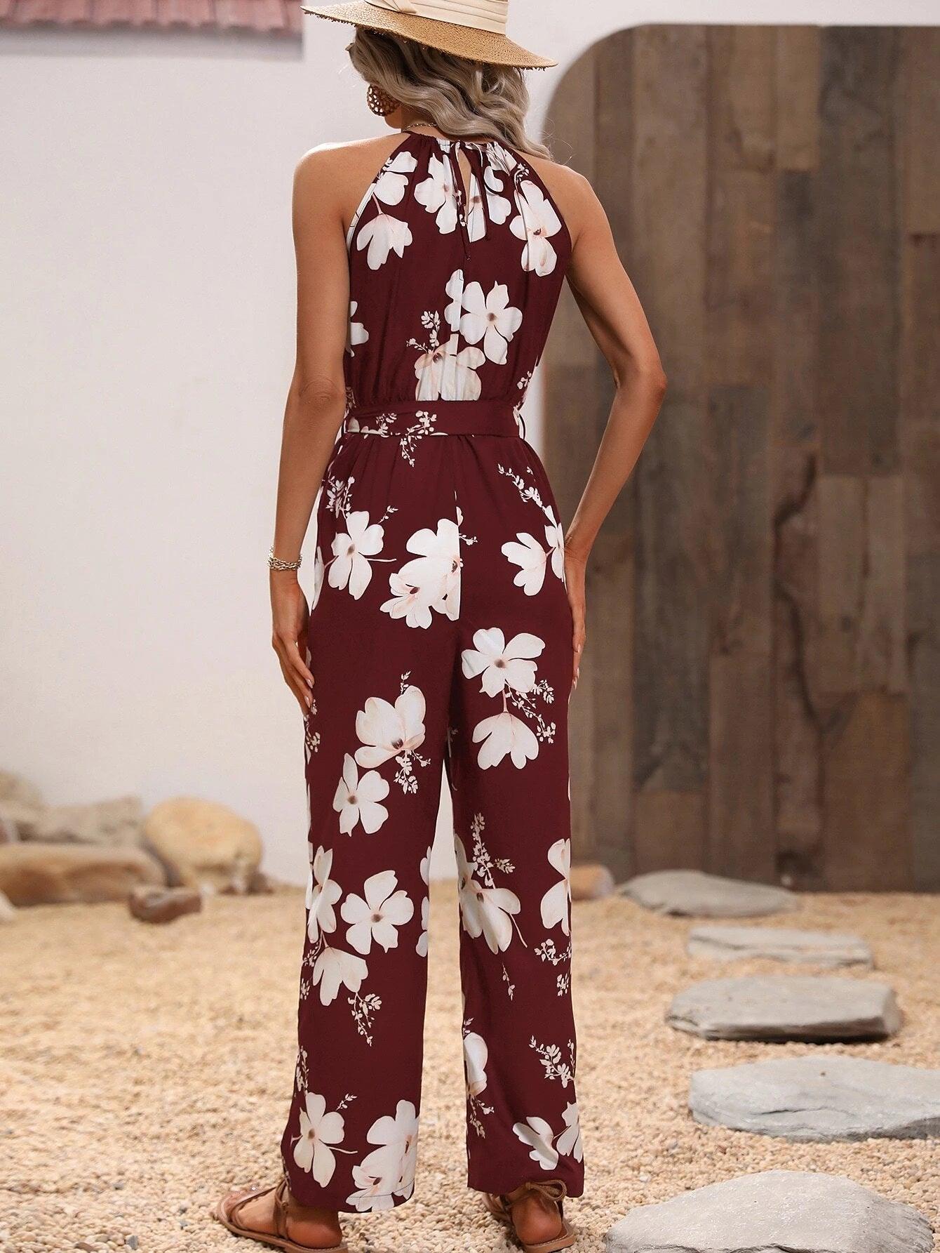 Floral Print Belted Jumpsuit-Comfy Jumpsuits