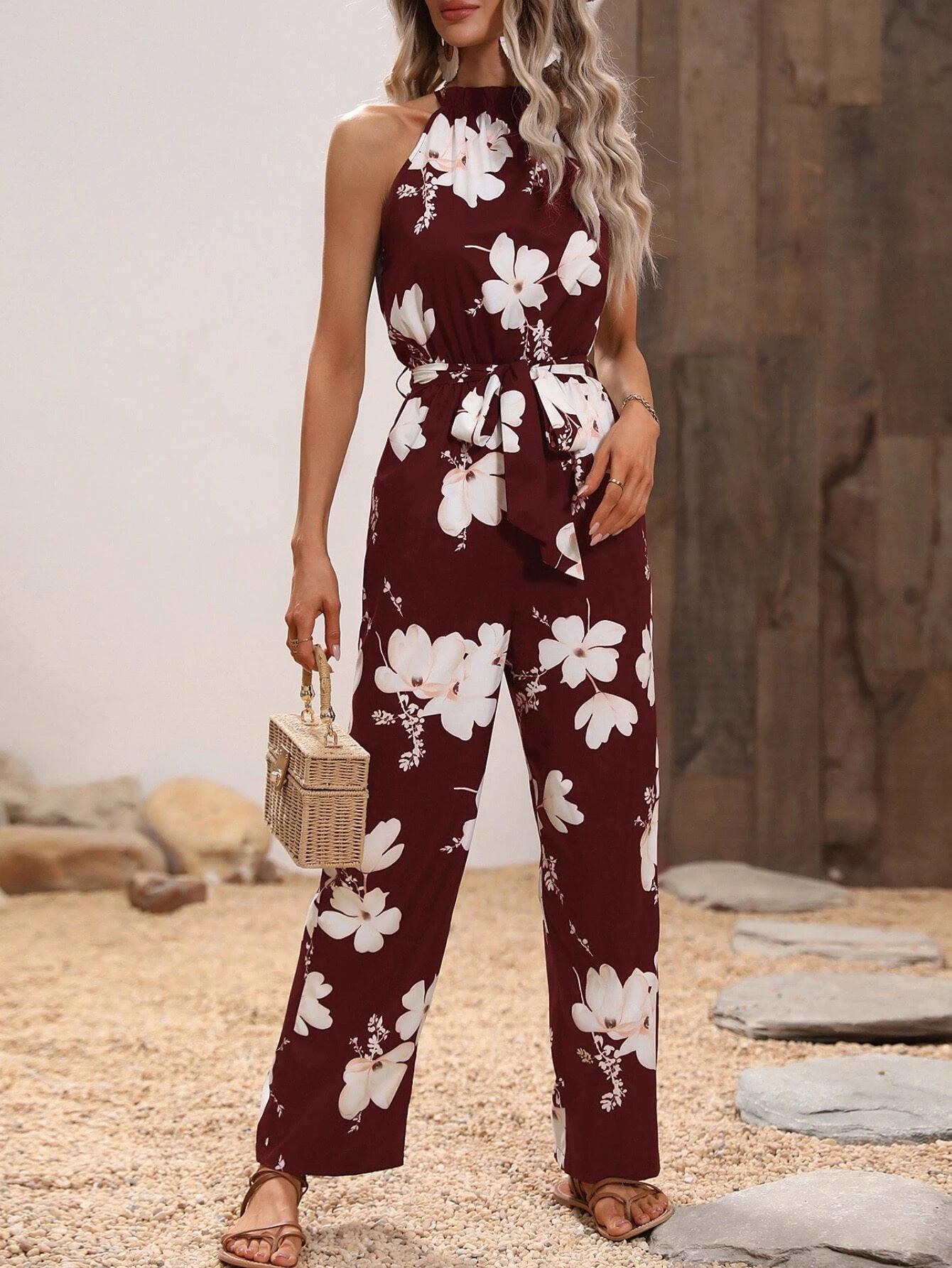 Floral Print Belted Jumpsuit-Comfy Jumpsuits