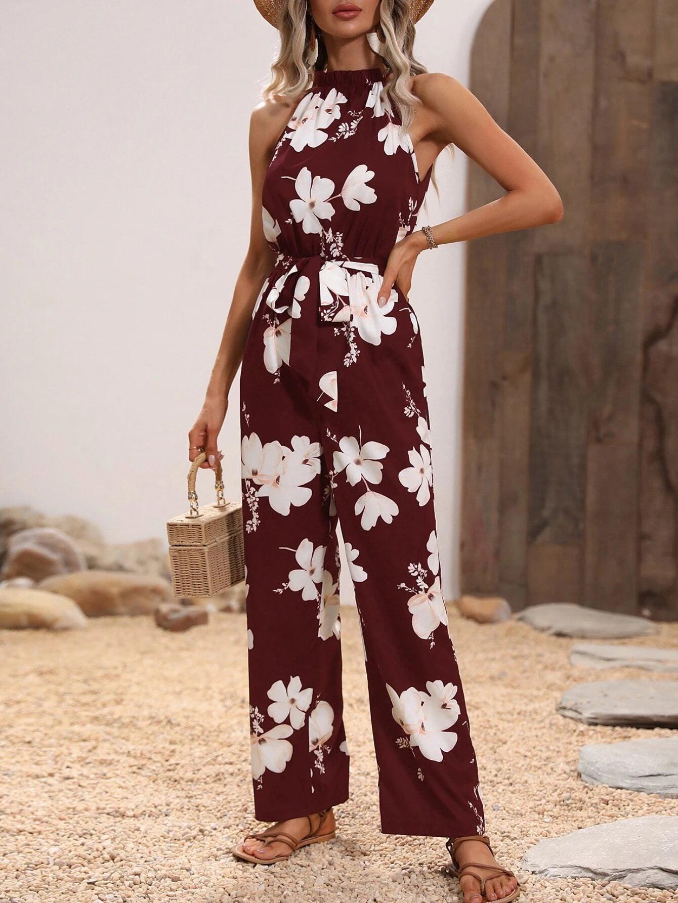 Floral Print Belted Jumpsuit-Comfy Jumpsuits