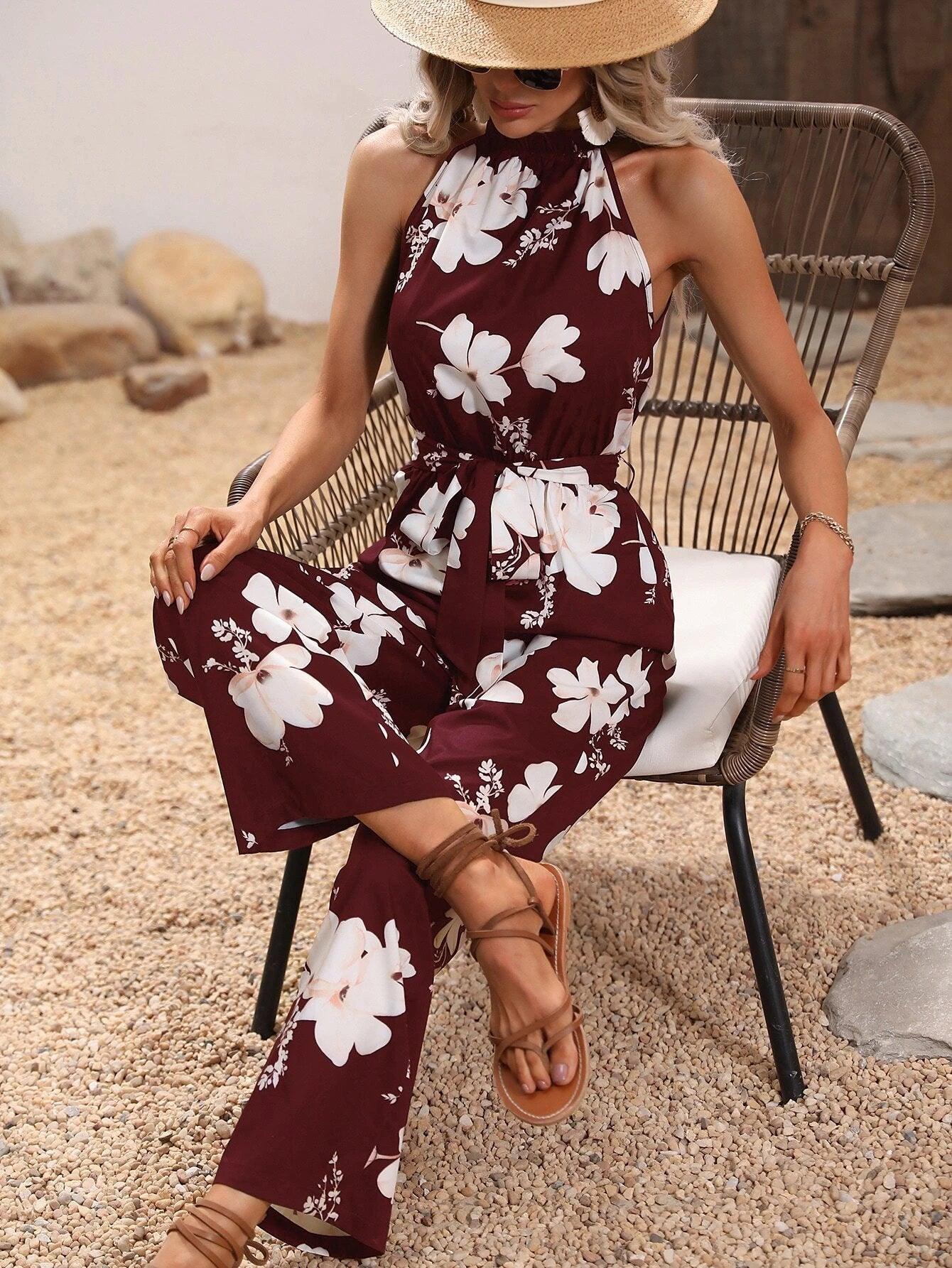 Floral Print Belted Jumpsuit-Comfy Jumpsuits