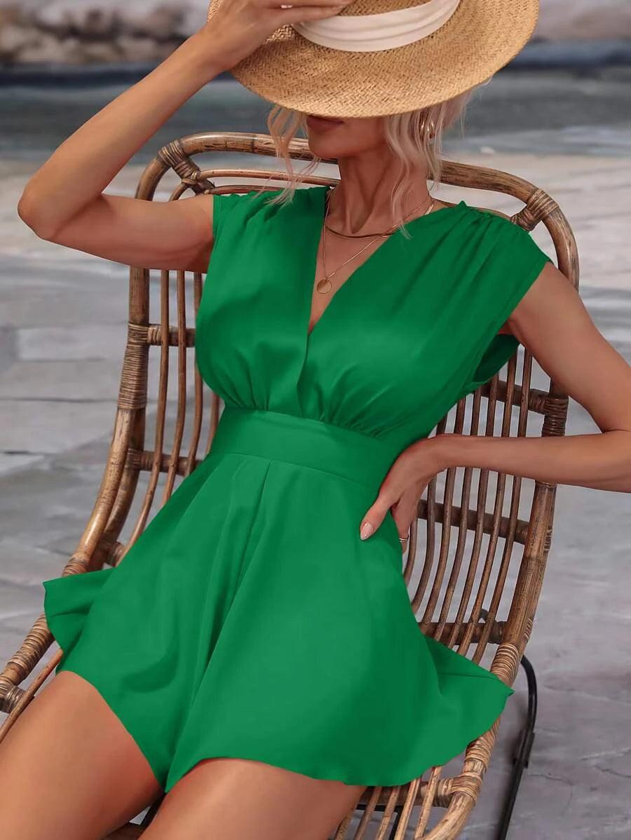 Solid Fold Pleated Detail Tie Backless Romper-Comfy Jumpsuits