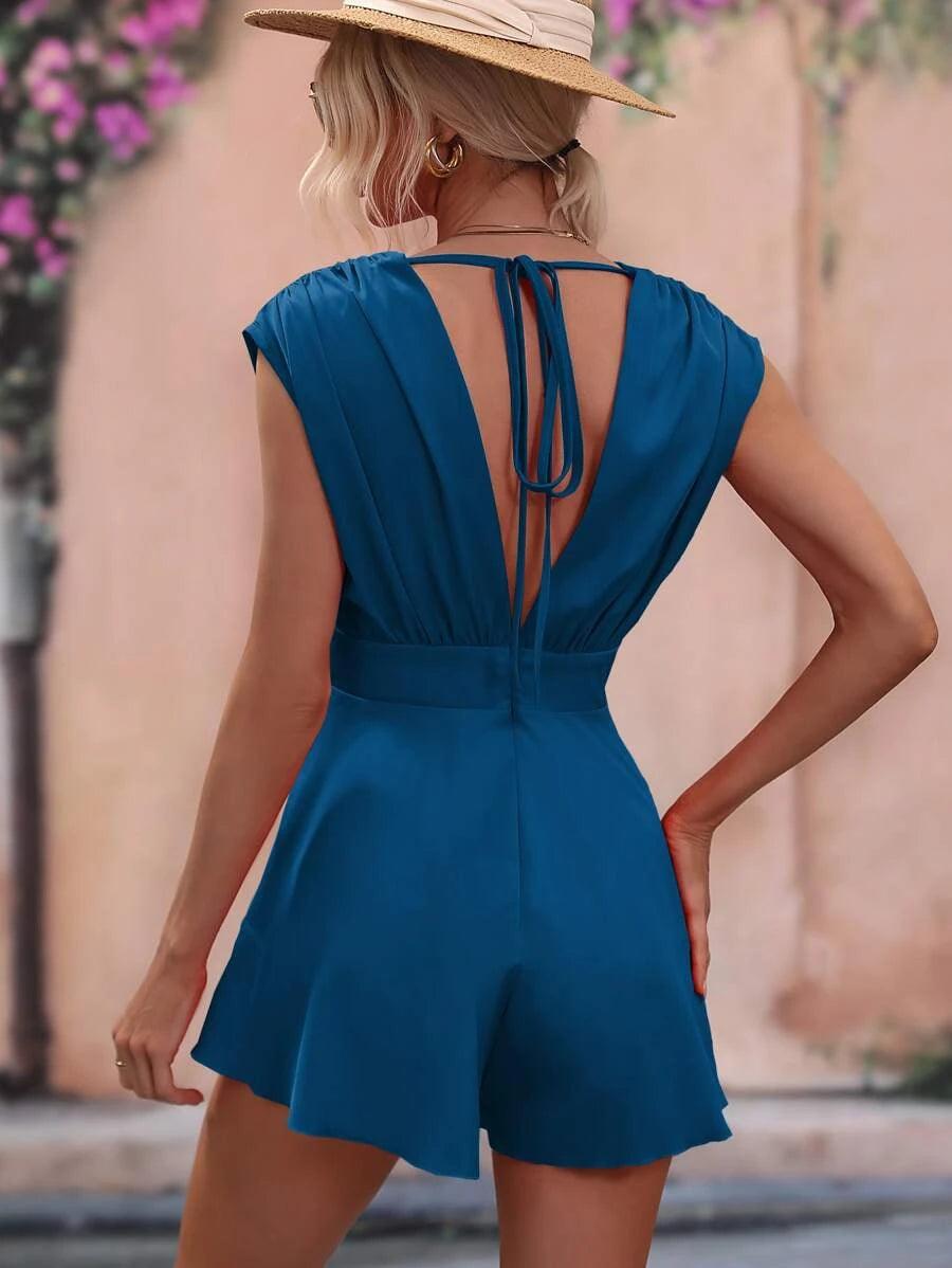 Solid Fold Pleated Detail Tie Backless Romper-Comfy Jumpsuits