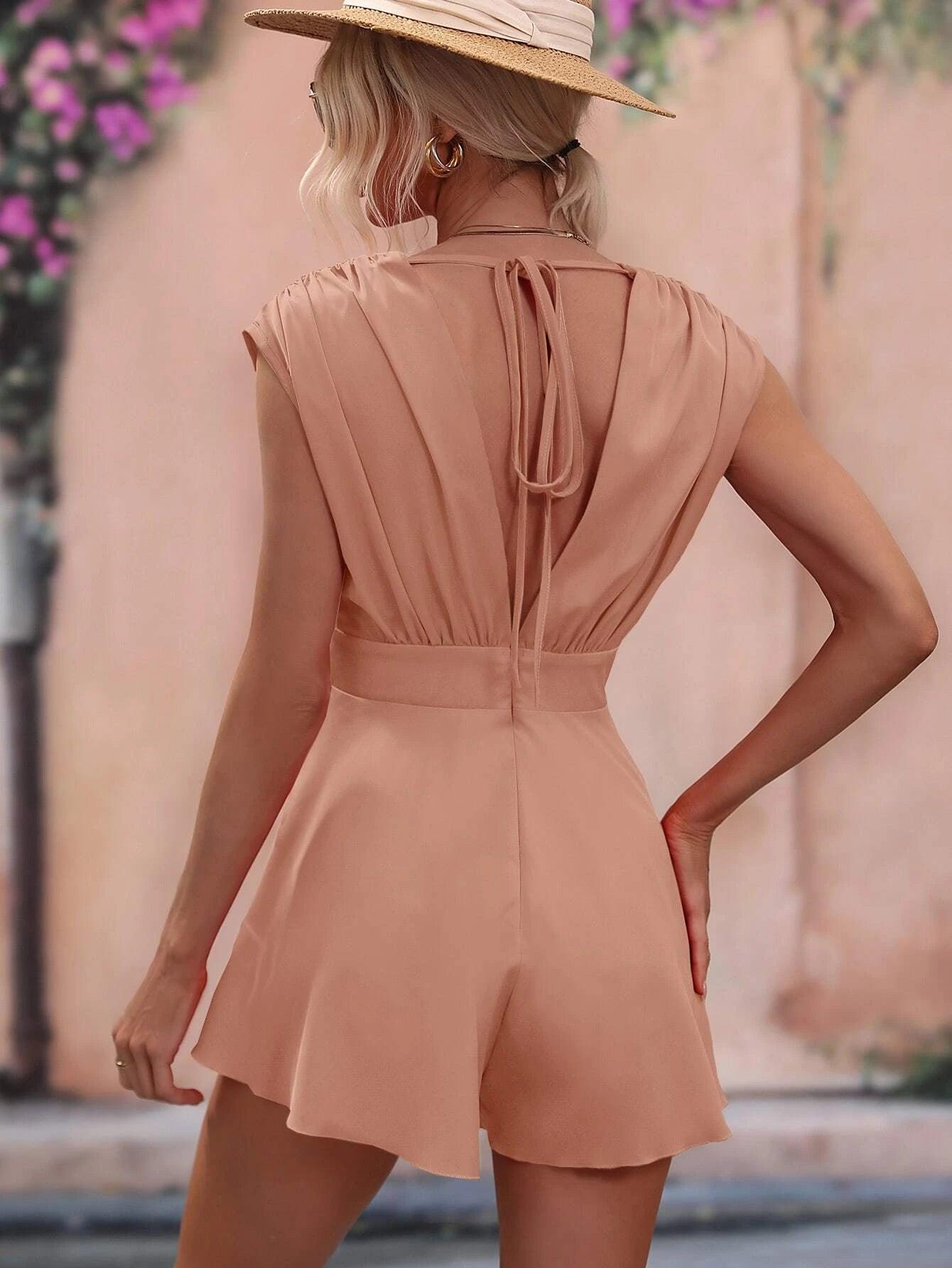 Solid Fold Pleated Detail Tie Backless Romper-Comfy Jumpsuits