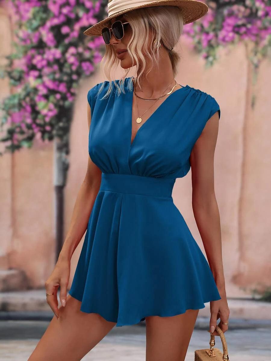 Solid Fold Pleated Detail Tie Backless Romper-Comfy Jumpsuits