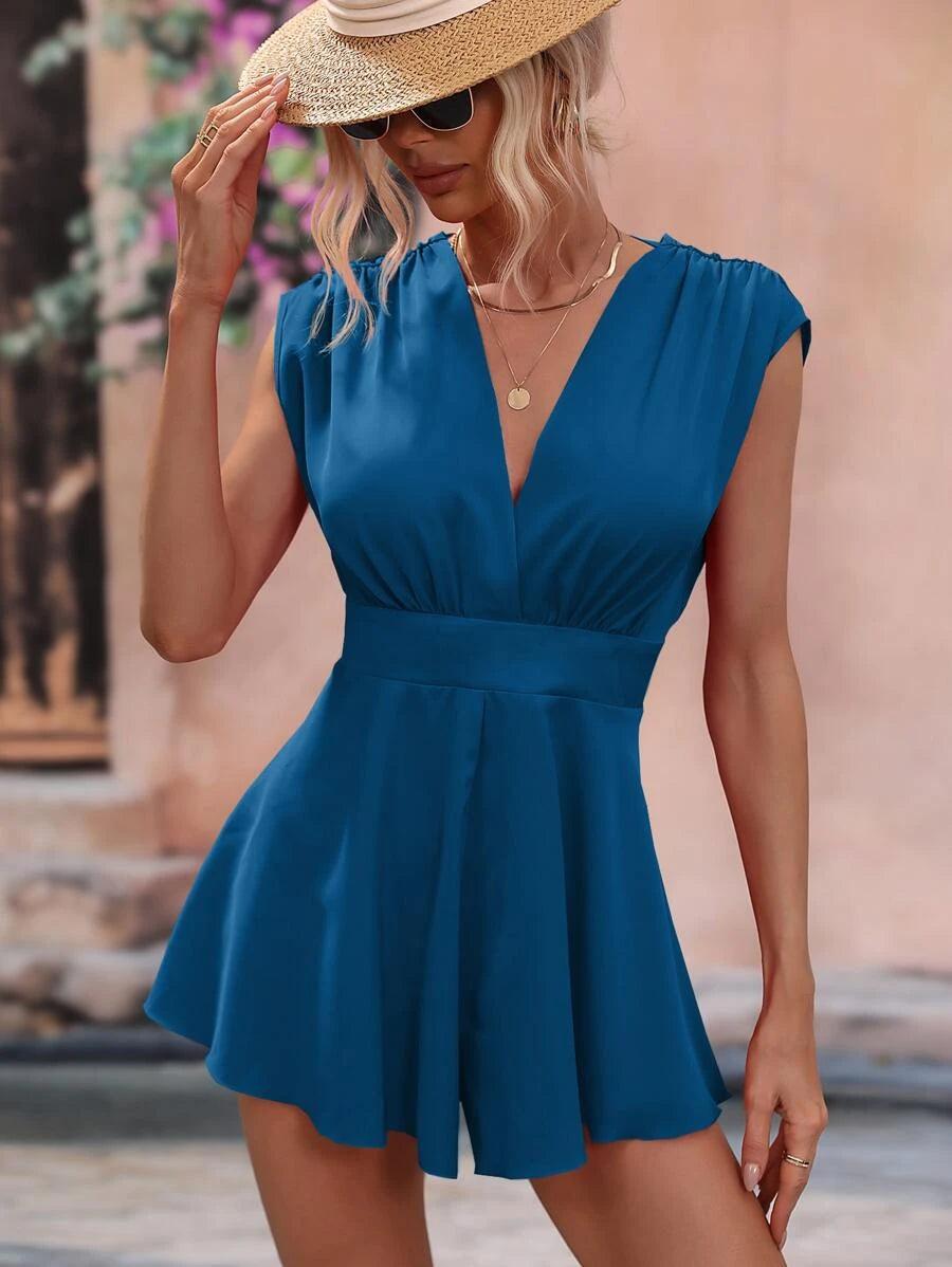 Solid Fold Pleated Detail Tie Backless Romper-Comfy Jumpsuits
