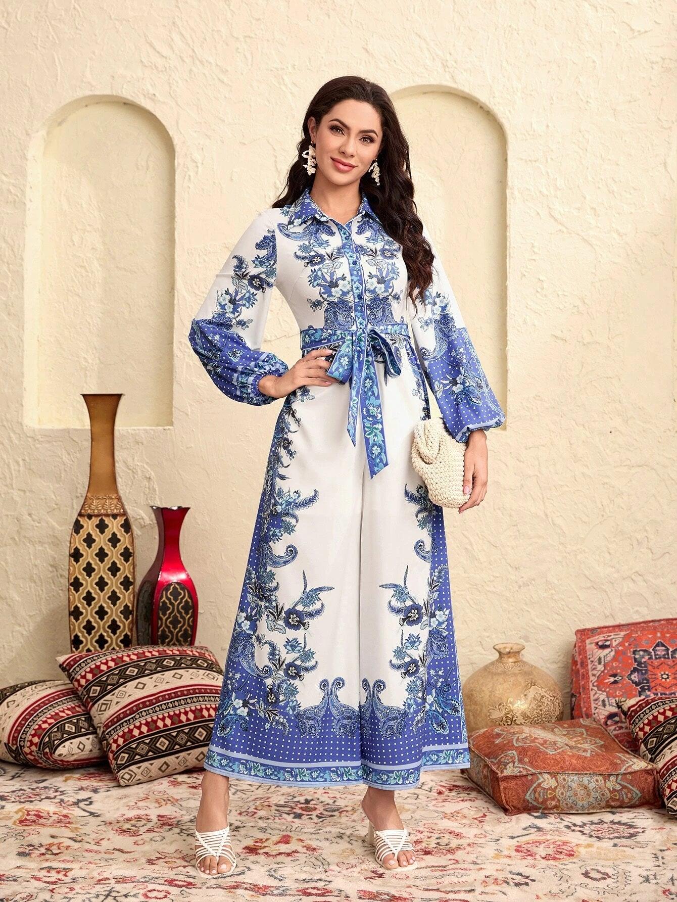 Bishop Sleeve Printed Jumpsuit-Comfy Jumpsuits