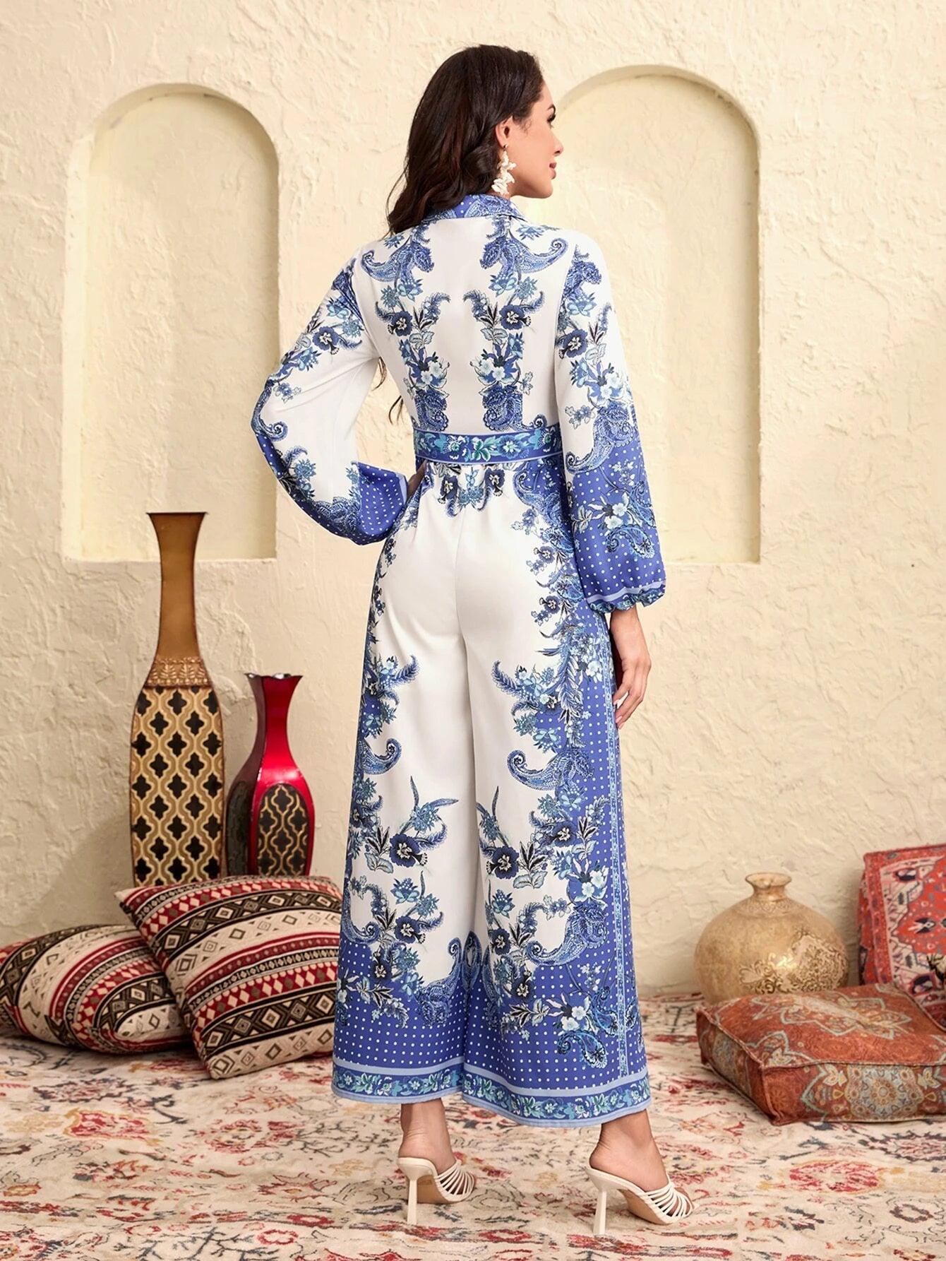 Bishop Sleeve Printed Jumpsuit-Comfy Jumpsuits
