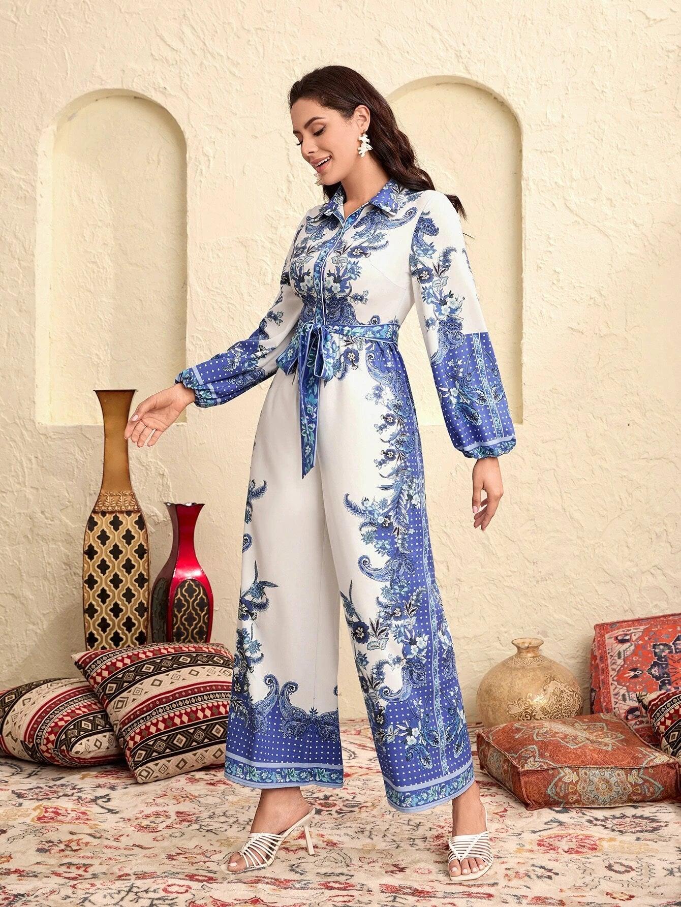 Bishop Sleeve Printed Jumpsuit-Comfy Jumpsuits