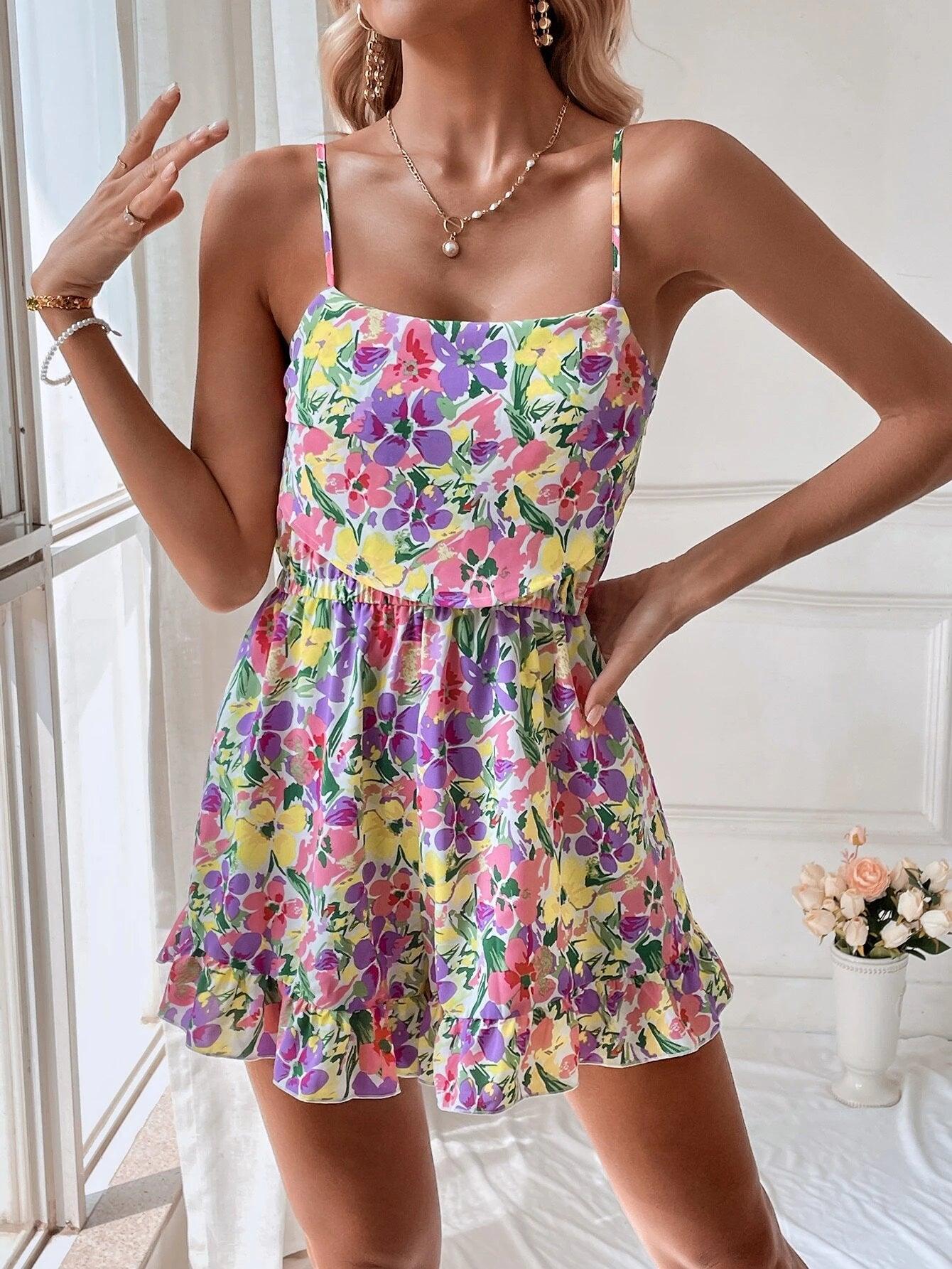 Allover Floral Print Ruffle Hem Cami Romper-Comfy Jumpsuits