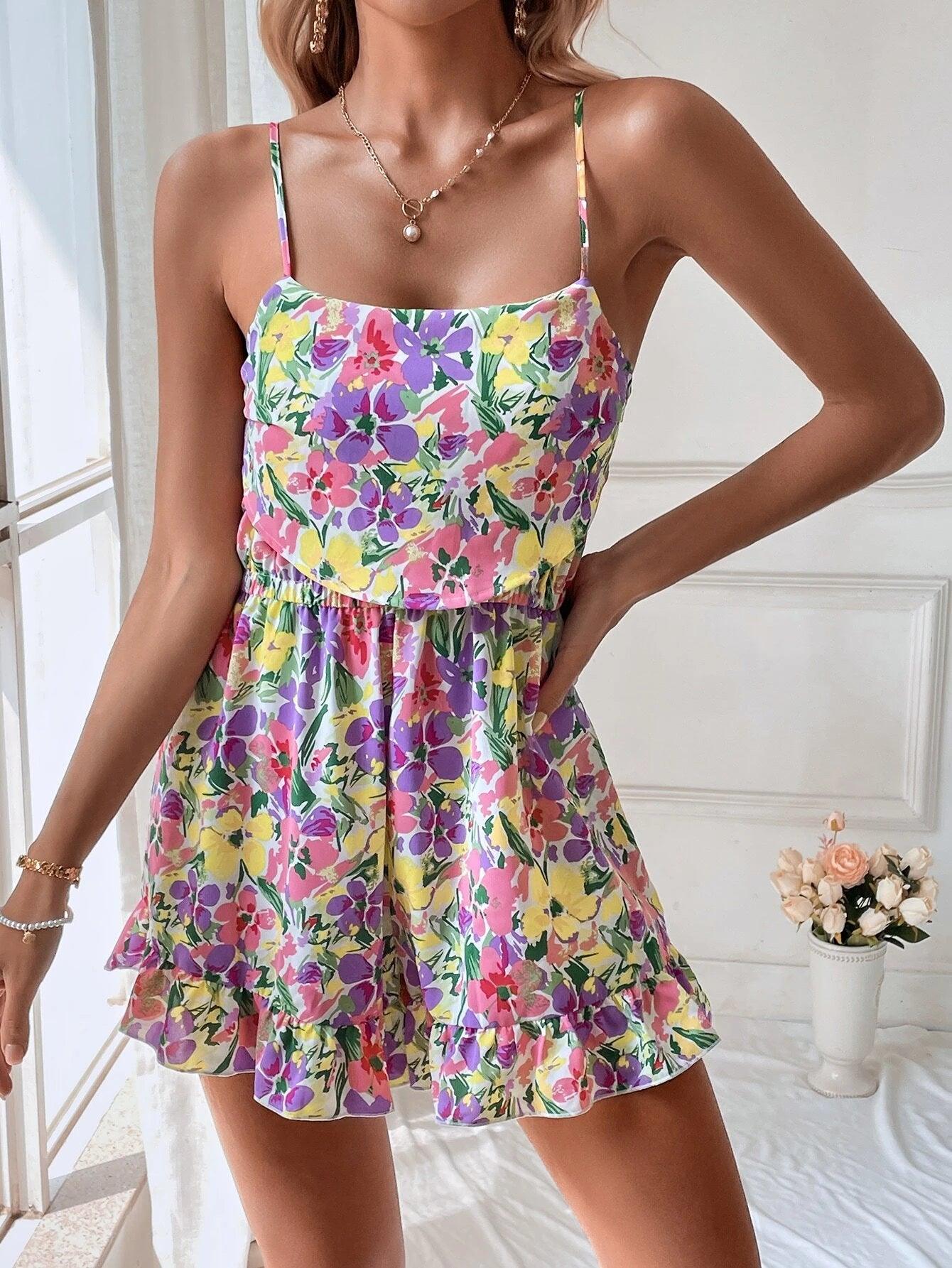 Allover Floral Print Ruffle Hem Cami Romper-Comfy Jumpsuits