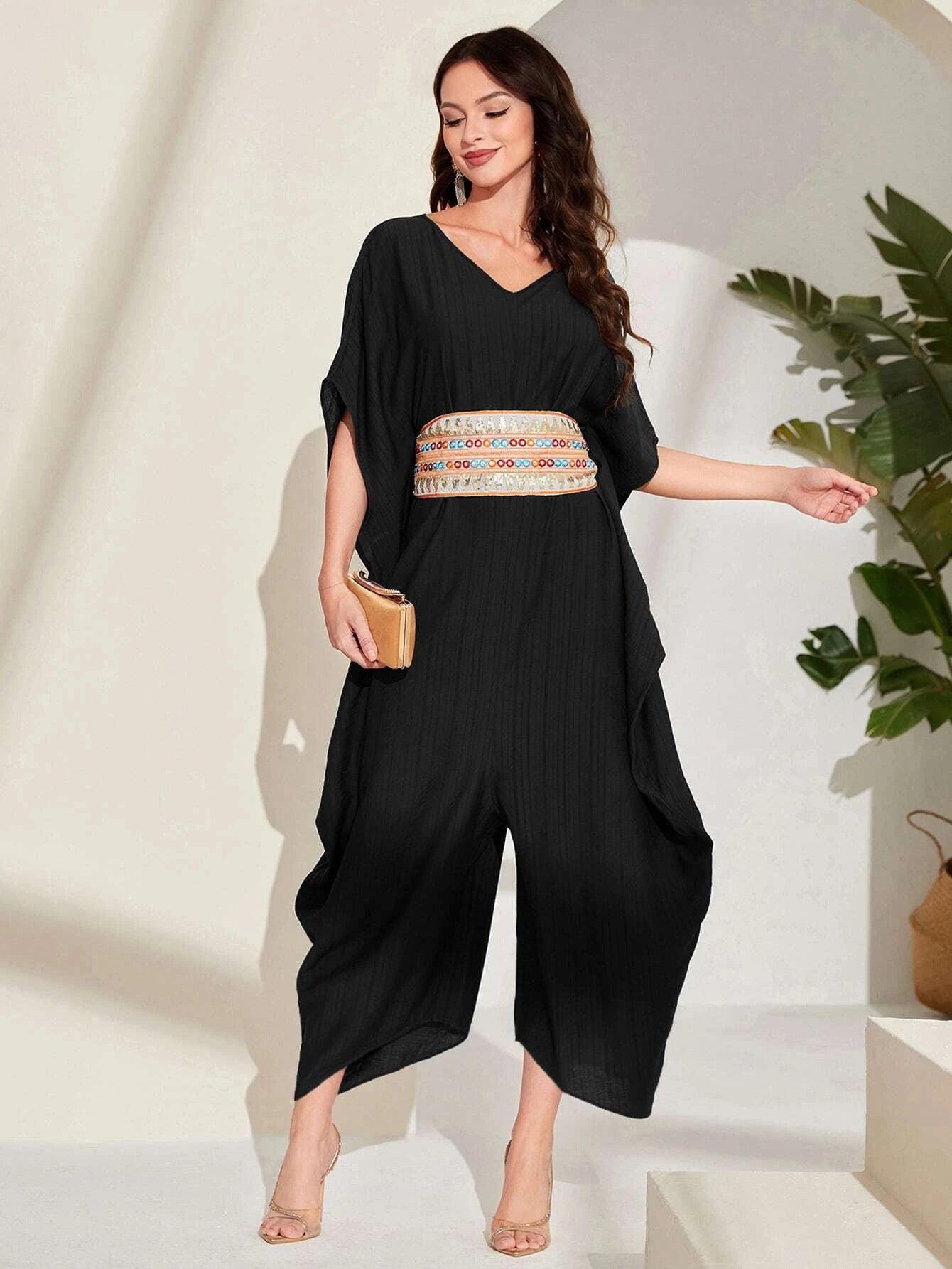 Embroidery Batwing Sleeve Belted Jumpsuit-Comfy Jumpsuits