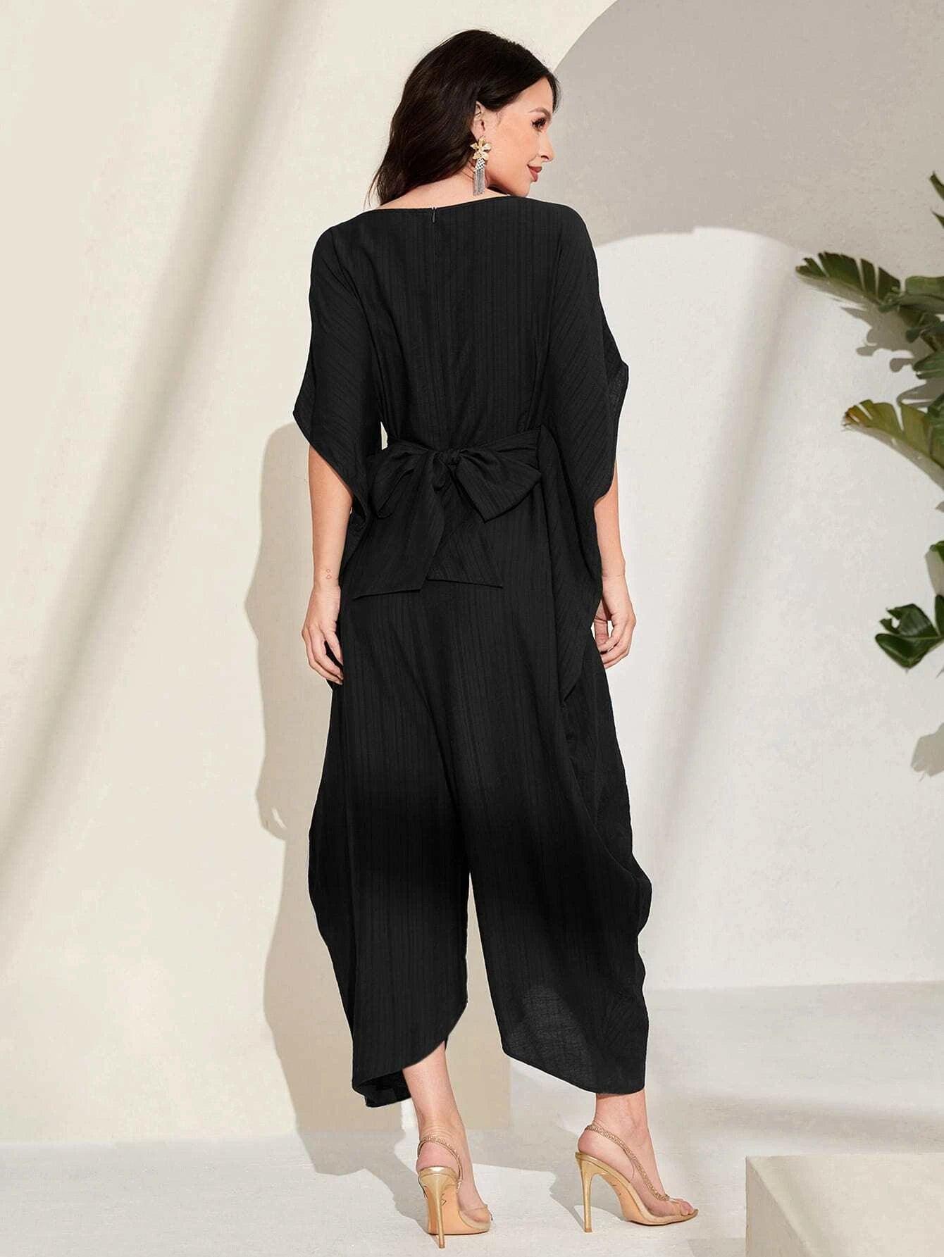 Embroidery Batwing Sleeve Belted Jumpsuit-Comfy Jumpsuits