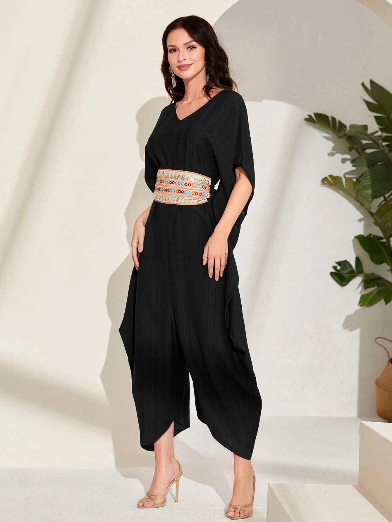 Embroidery Batwing Sleeve Belted Jumpsuit-Comfy Jumpsuits