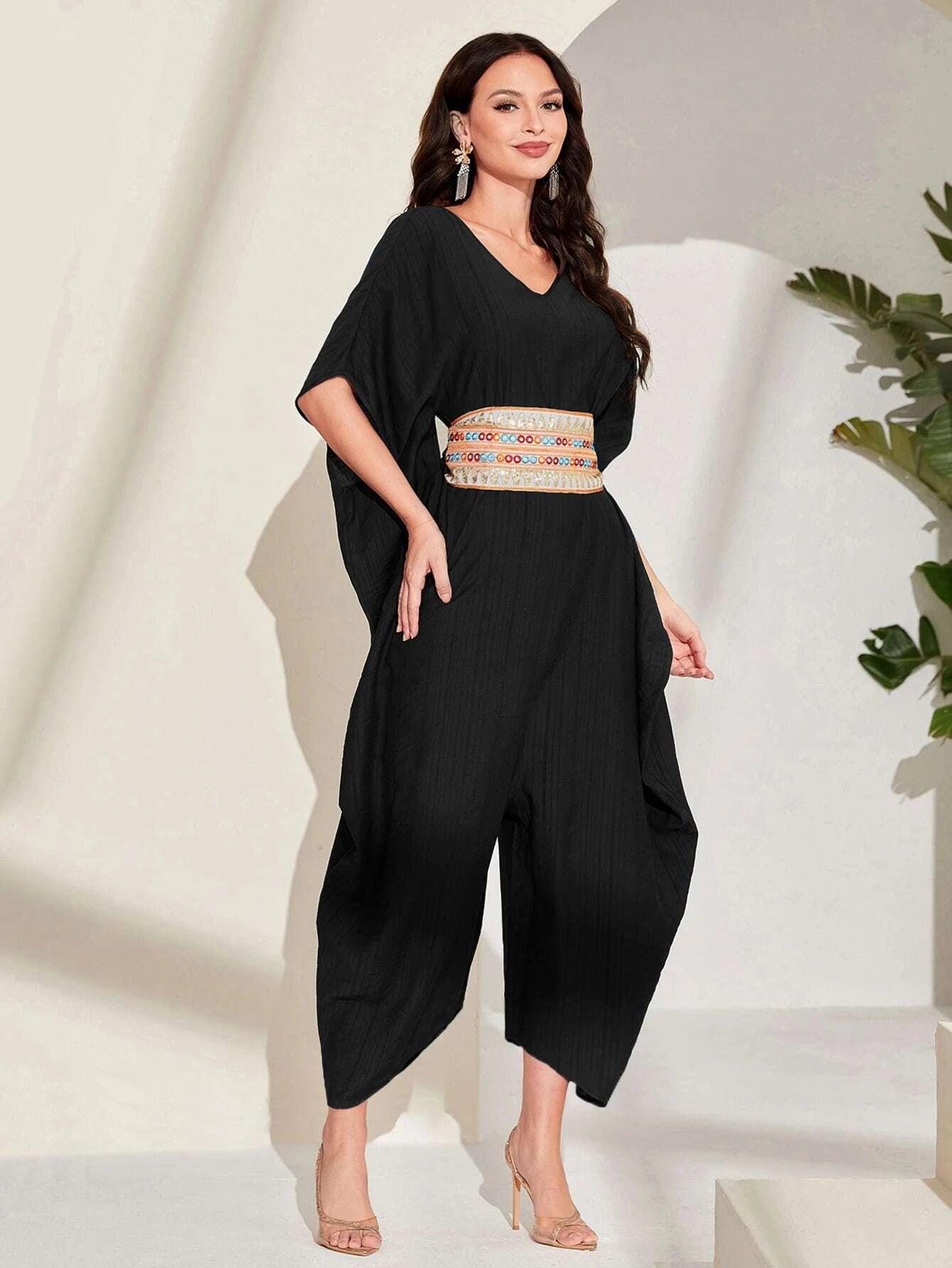 Embroidery Batwing Sleeve Belted Jumpsuit-Comfy Jumpsuits