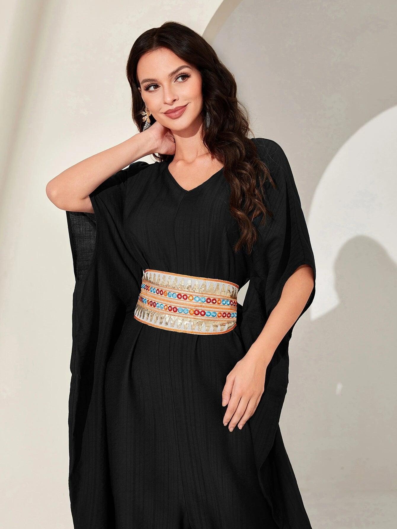 Embroidery Batwing Sleeve Belted Jumpsuit-Comfy Jumpsuits