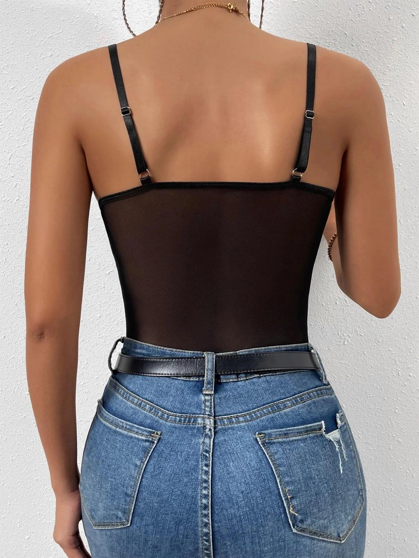 Contrast Mesh Bustier Bodysuit-Comfy Jumpsuits