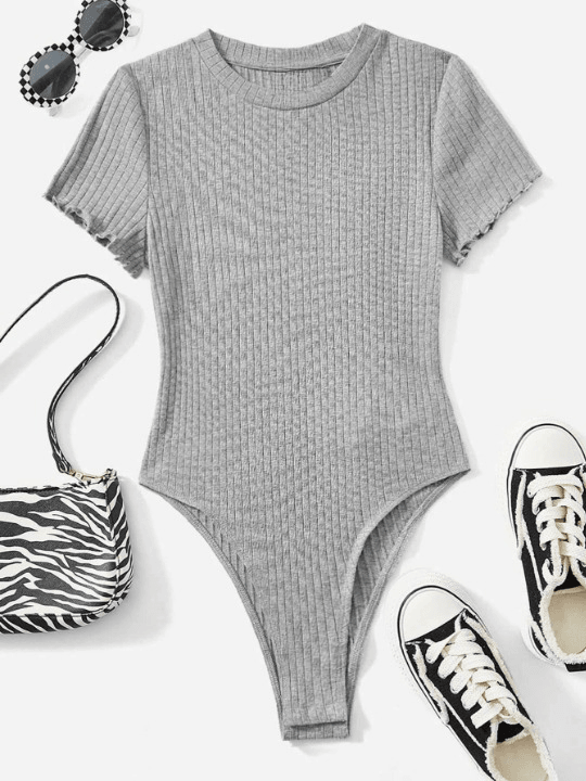 Lettuce Trim Ribbed Knit Bodysuit-Comfy Jumpsuits