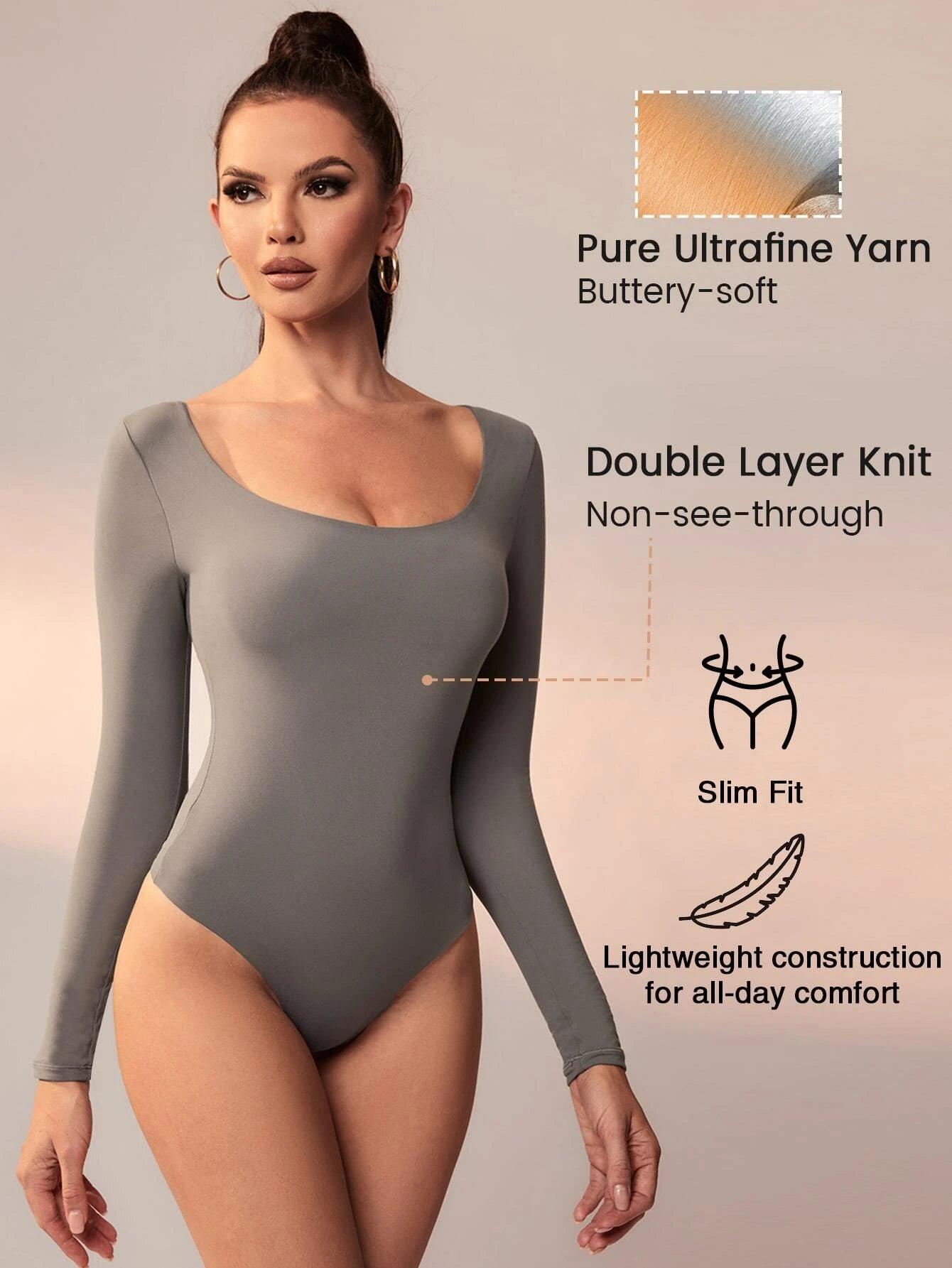 Scoop Neck High Stretch Long Sleeve Slim Fit Thong Bodysuit-Comfy Jumpsuits