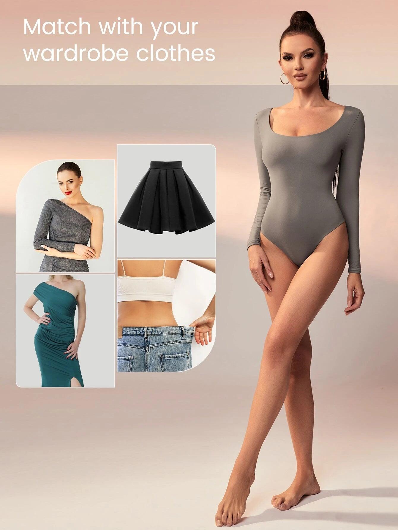 Scoop Neck High Stretch Long Sleeve Slim Fit Thong Bodysuit-Comfy Jumpsuits