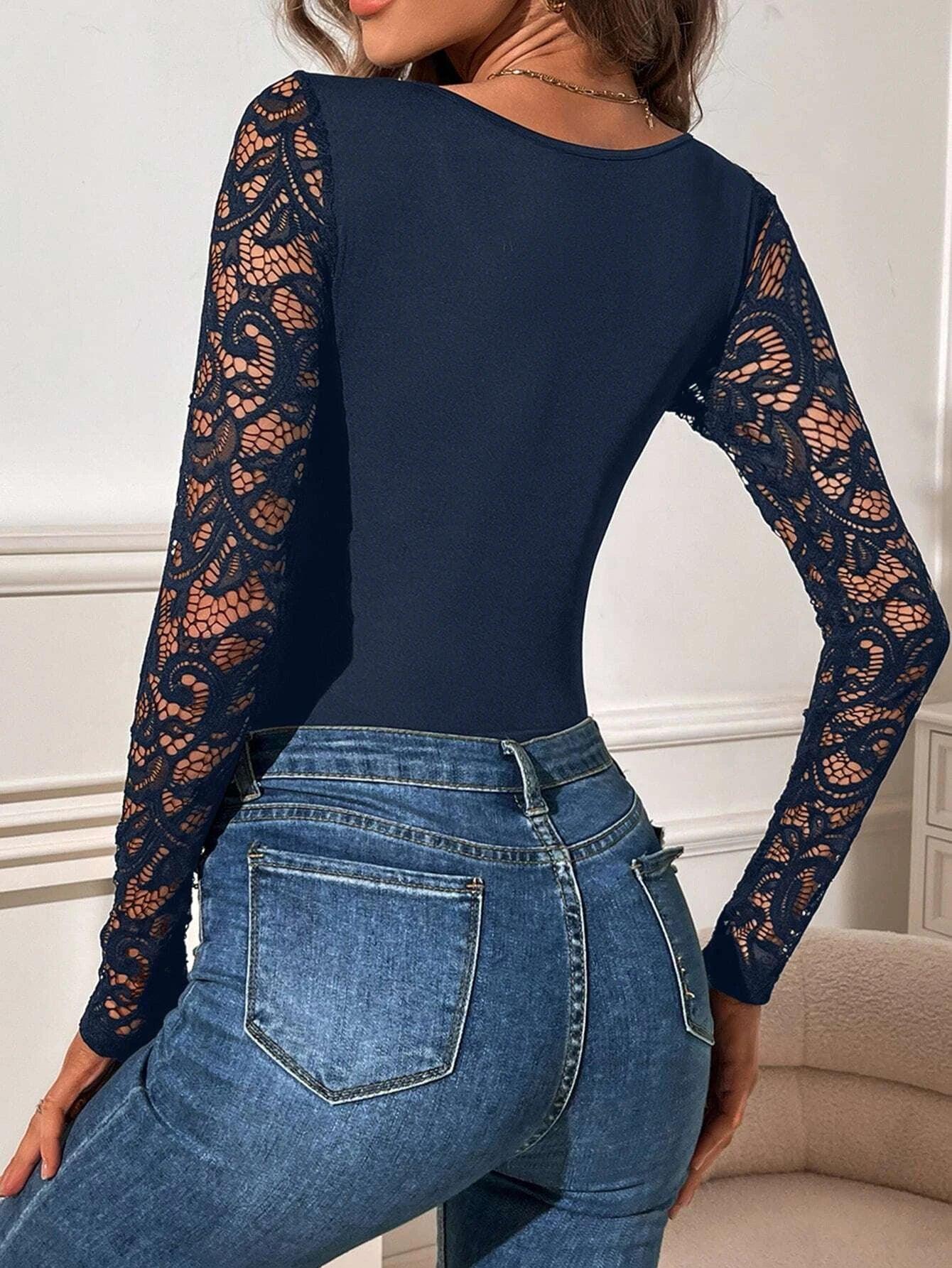 Contrast Lace Neck Bodysuit-Comfy Jumpsuits