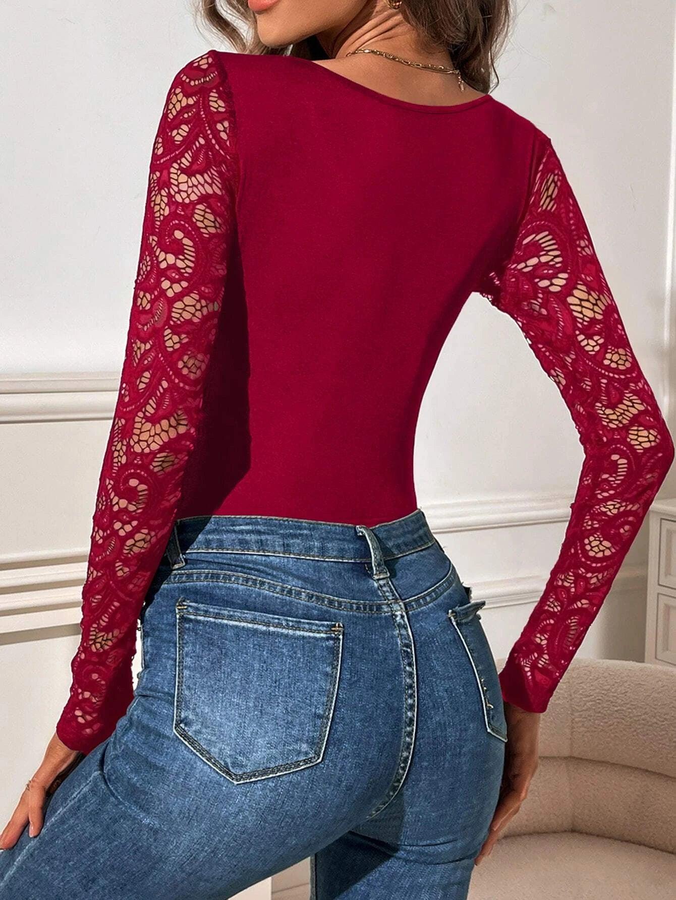 Contrast Lace Neck Bodysuit-Comfy Jumpsuits