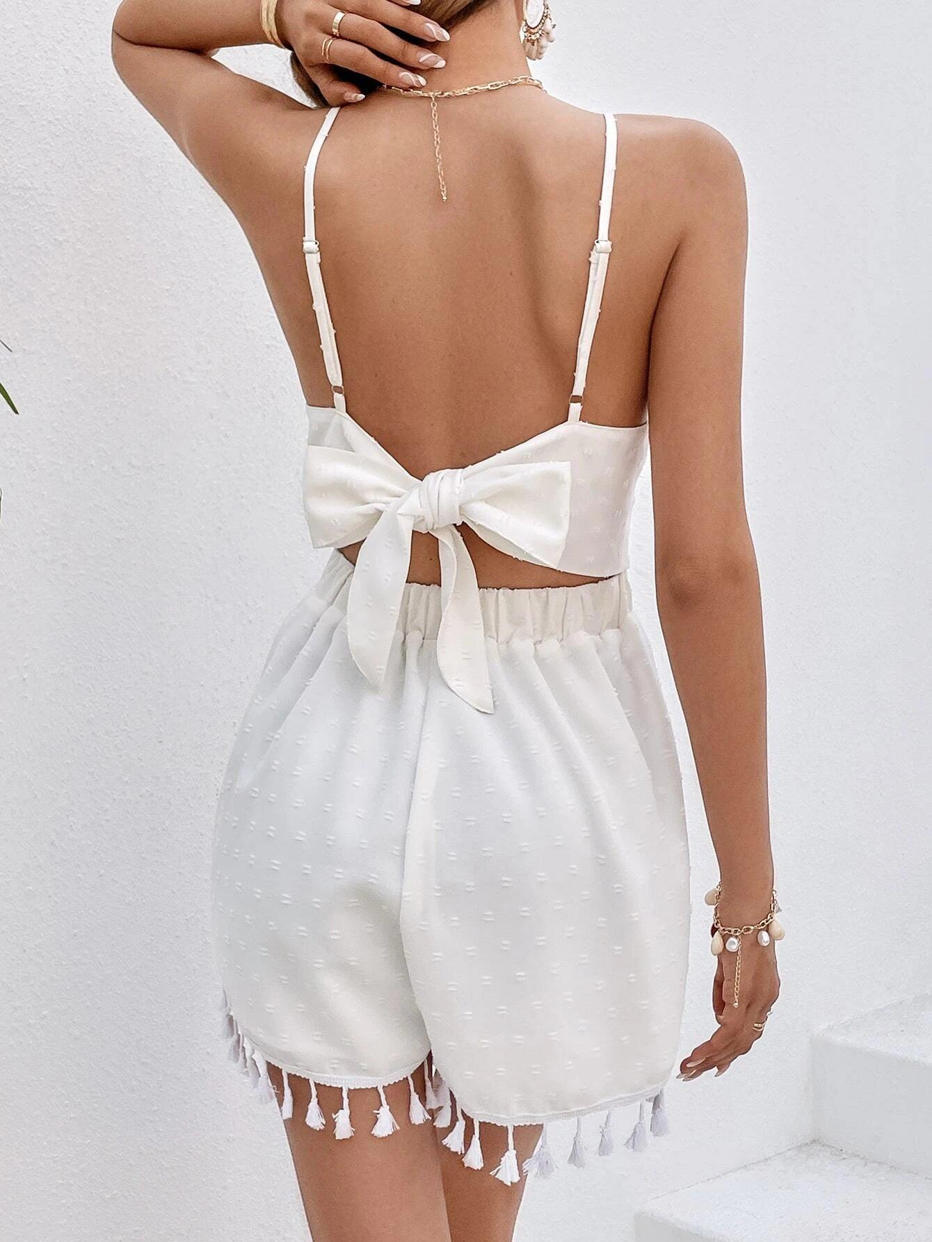 Boho Fringe Backless Cami Romper-Comfy Jumpsuits