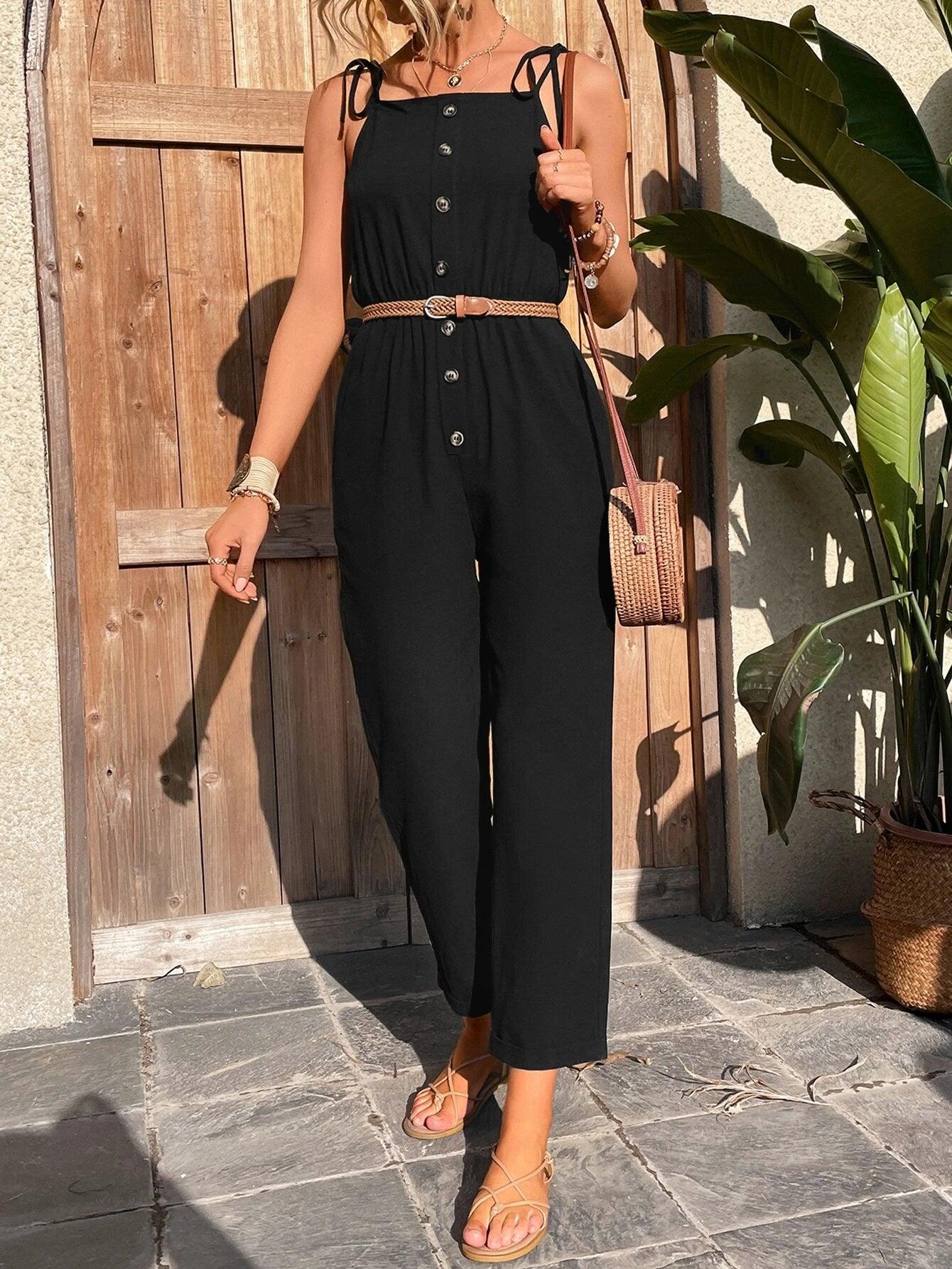 Tie Shoulder Button Front Cami Jumpsuit-Comfy Jumpsuits