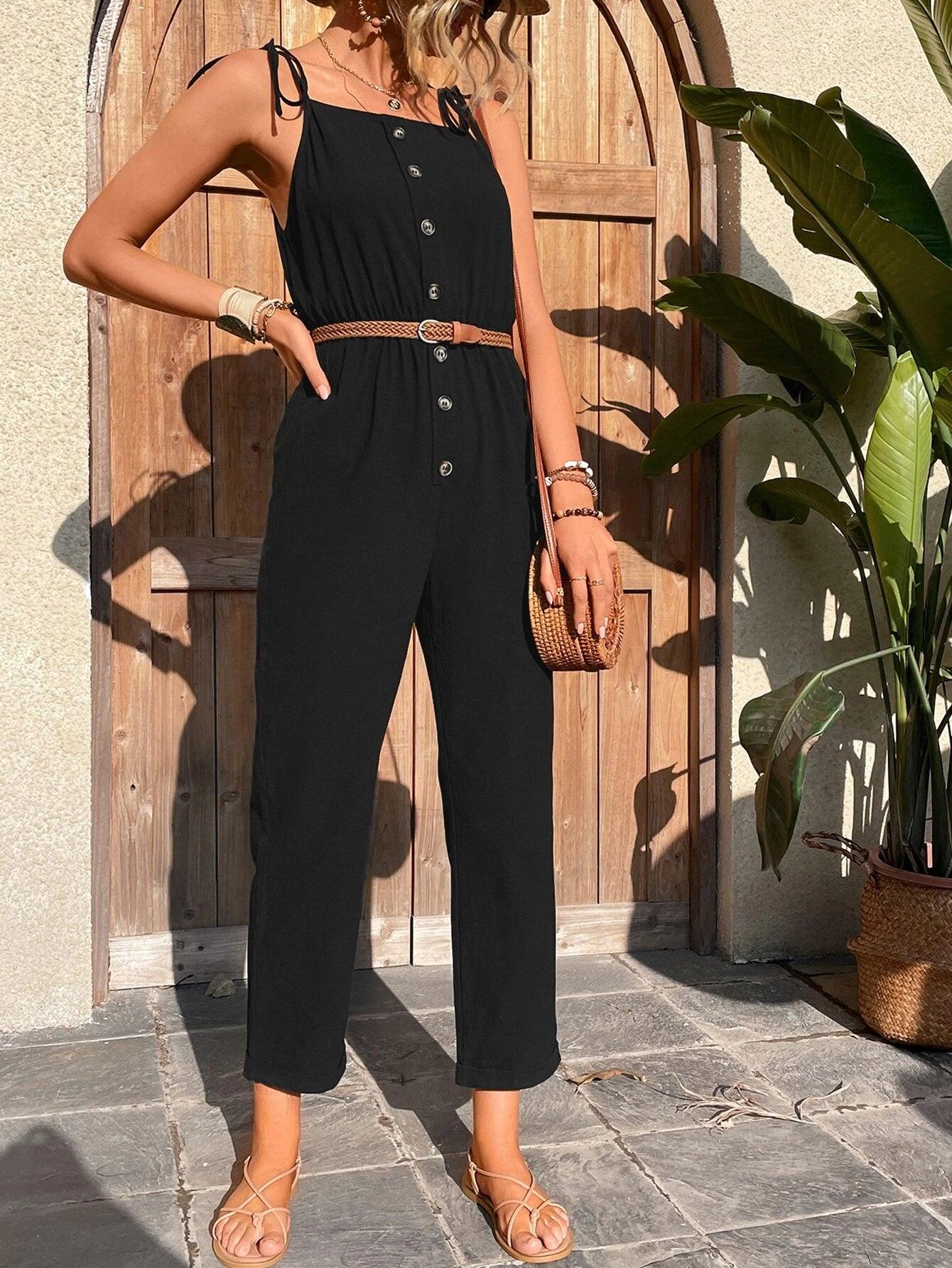 Tie Shoulder Button Front Cami Jumpsuit-Comfy Jumpsuits