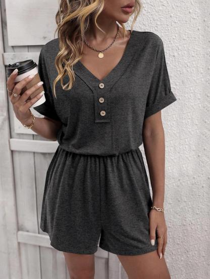 Solid Button Front Tee Romper-Comfy Jumpsuits