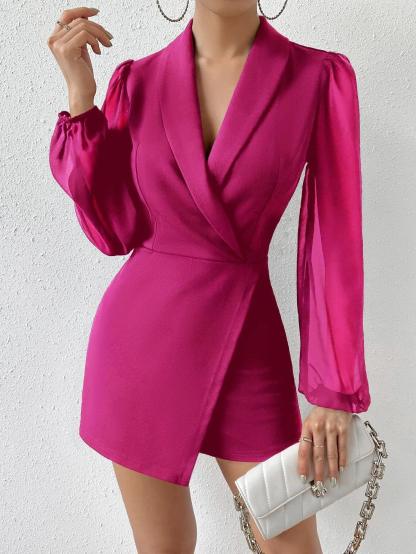 Collar Bishop Sleeve Wrap Hem Jumpsuit-Comfy Jumpsuits
