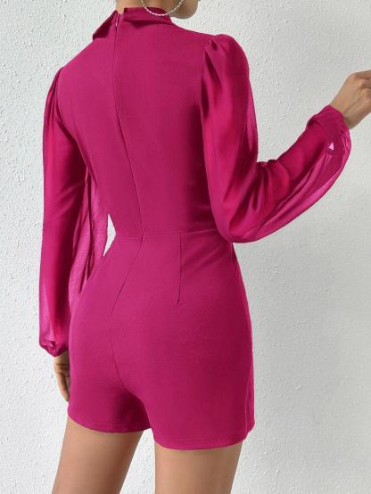 Collar Bishop Sleeve Wrap Hem Jumpsuit-Comfy Jumpsuits