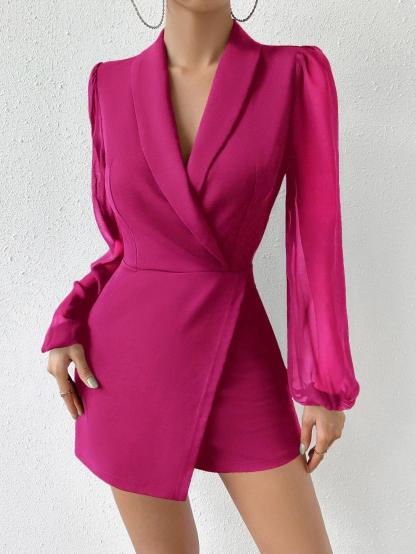 Collar Bishop Sleeve Wrap Hem Jumpsuit-Comfy Jumpsuits