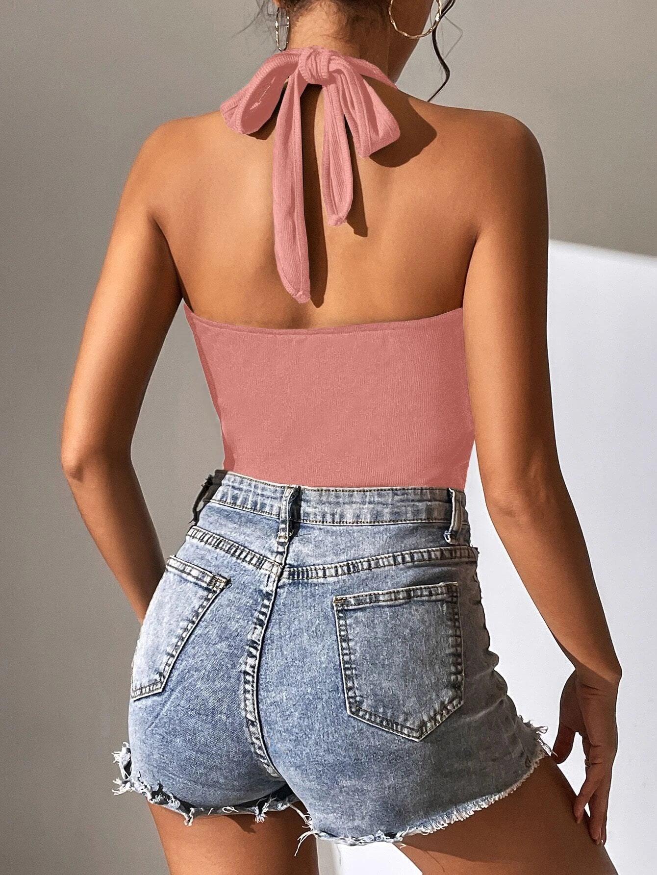 Tie Backless Halter Bodysuit-Comfy Jumpsuits