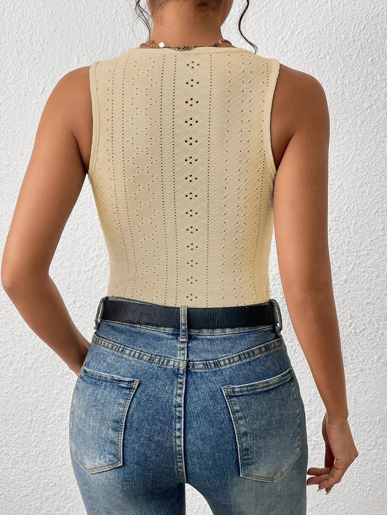 Eyelet Embroidery Tank Bodysuit-Comfy Jumpsuits