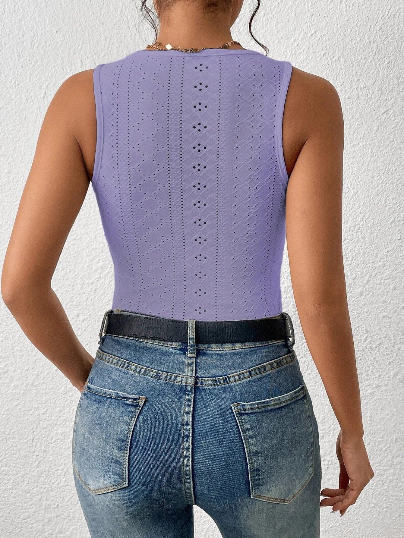 Eyelet Embroidery Tank Bodysuit-Comfy Jumpsuits