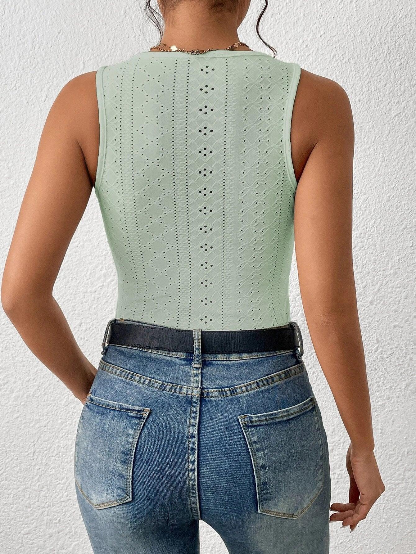 Eyelet Embroidery Tank Bodysuit-Comfy Jumpsuits