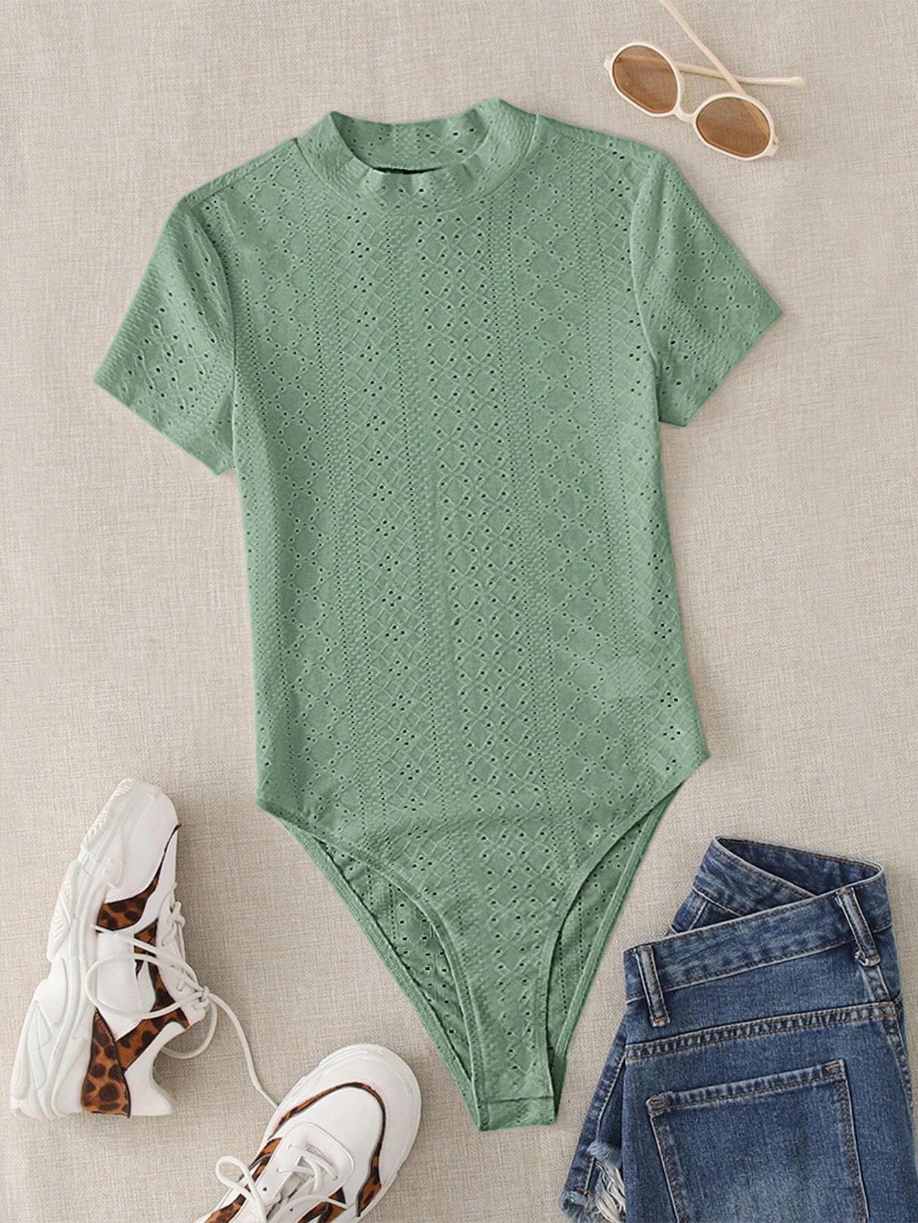 Mock Neck Eyelet Embroidery Bodysuit-Comfy Jumpsuits