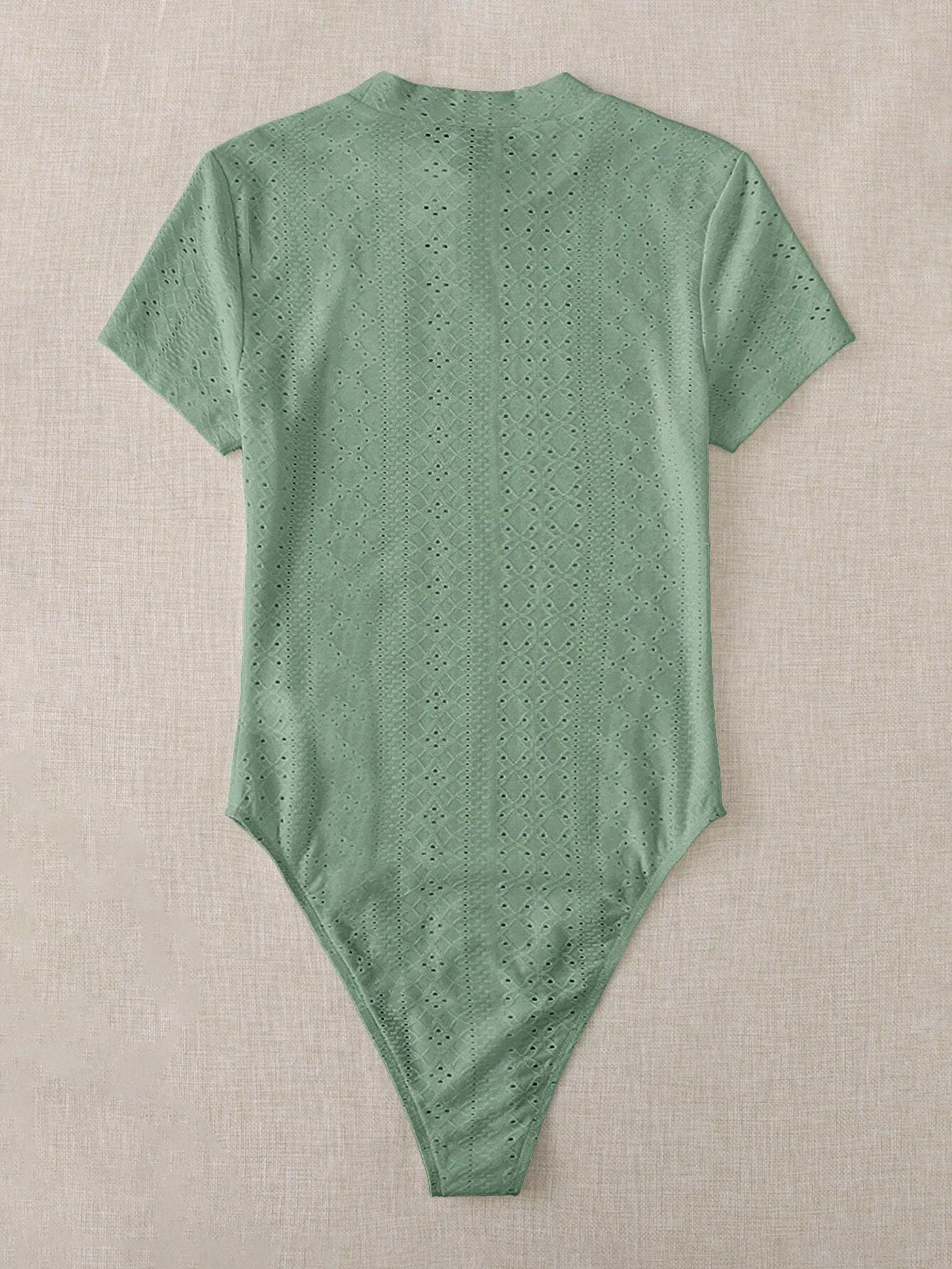 Mock Neck Eyelet Embroidery Bodysuit-Comfy Jumpsuits