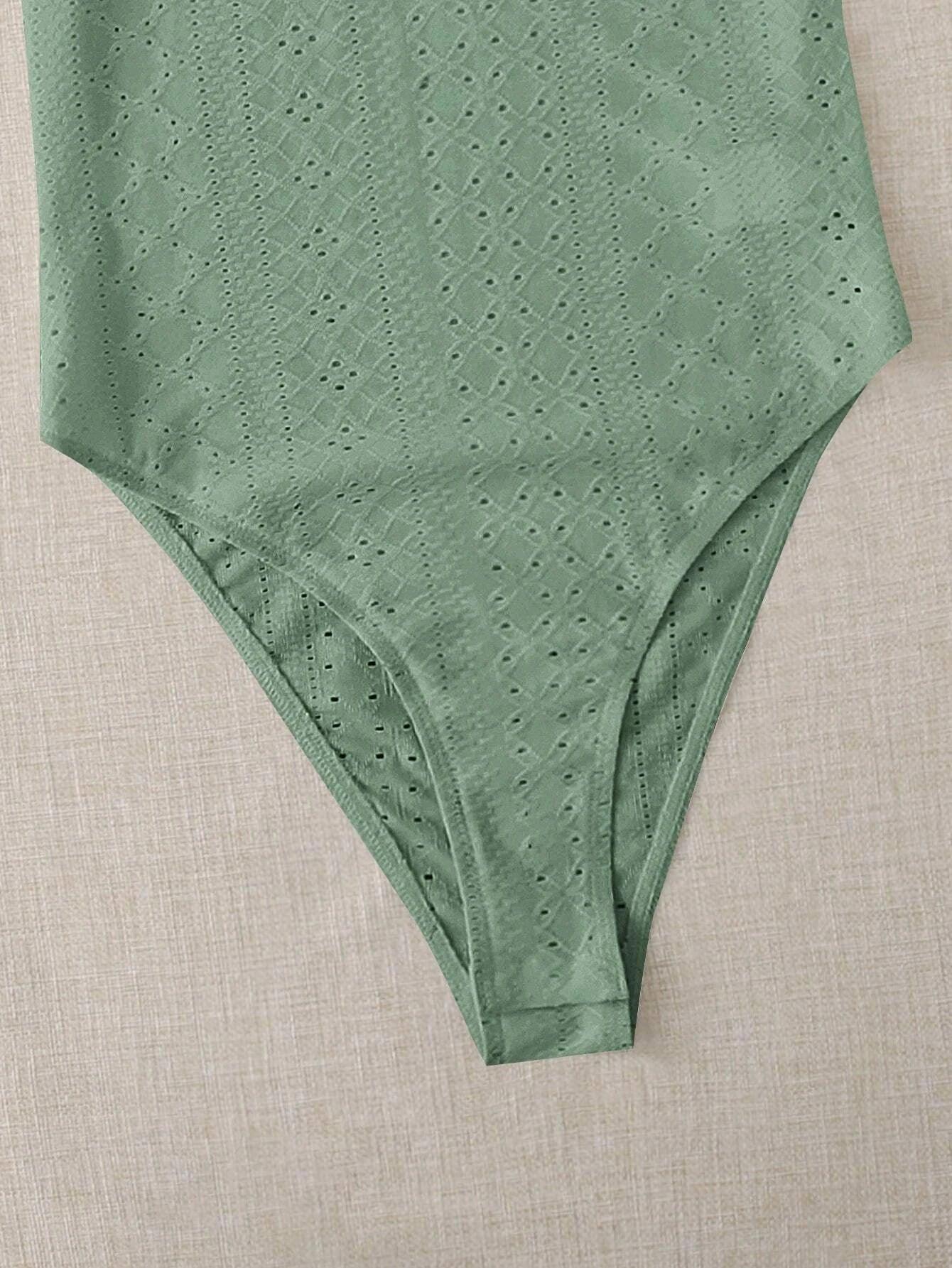 Mock Neck Eyelet Embroidery Bodysuit-Comfy Jumpsuits