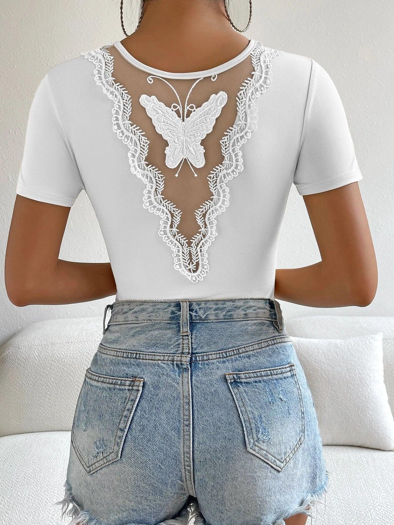 Butterfly Embroidery Contrast Lace Tee Bodysuit-Comfy Jumpsuits