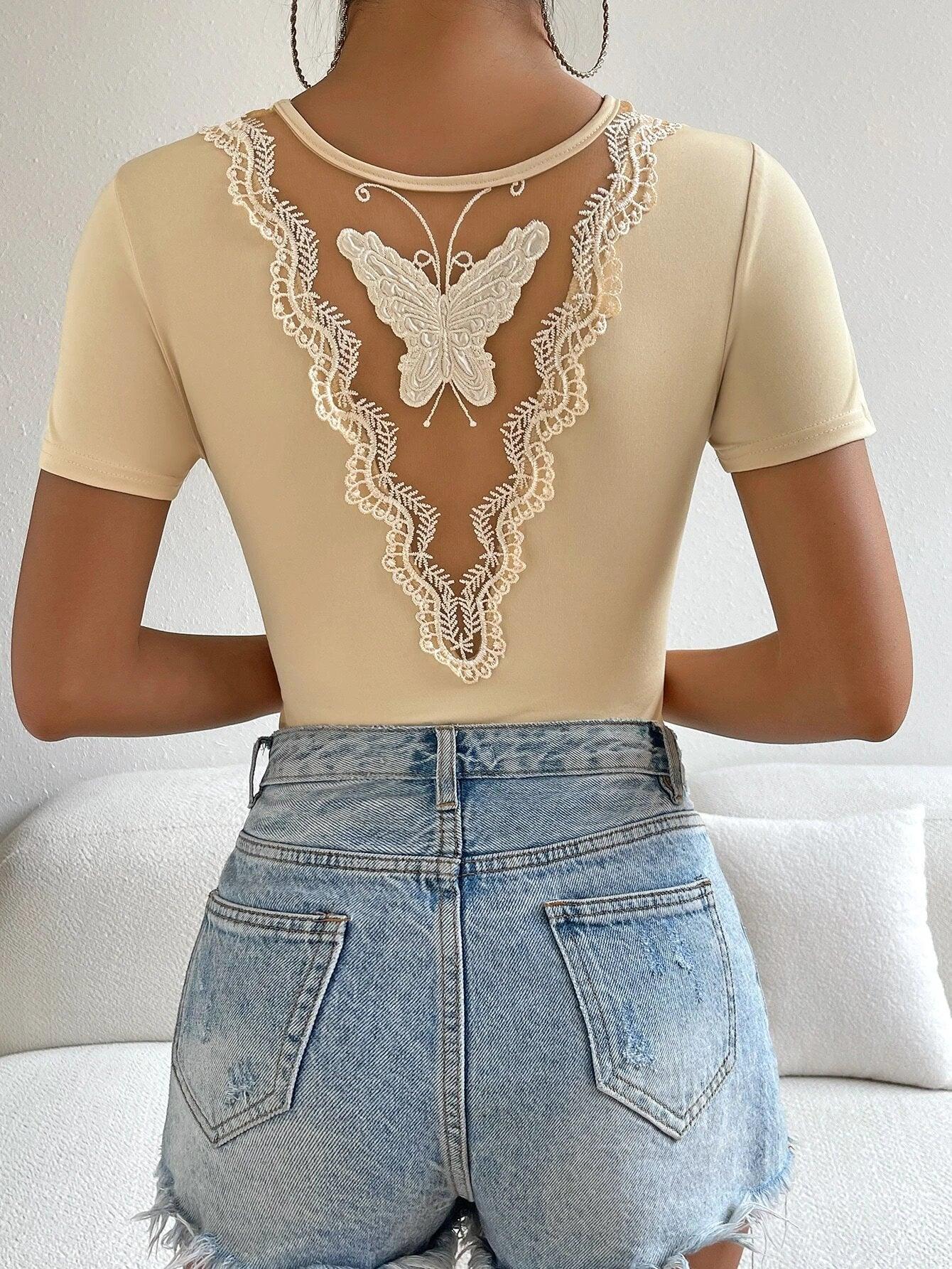 Butterfly Embroidery Contrast Lace Tee Bodysuit-Comfy Jumpsuits