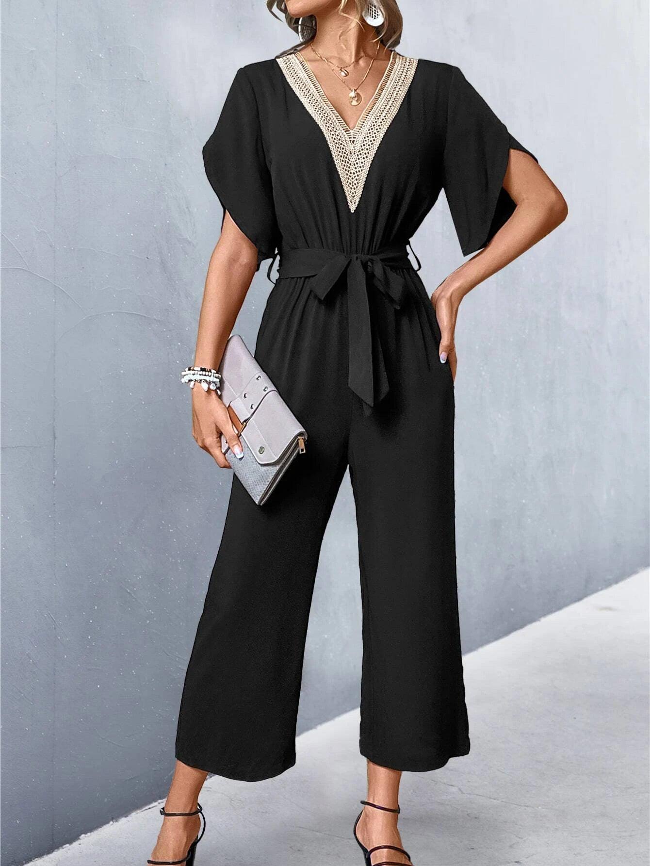 Lace Panel Petal Sleeve Belted Jumpsuit-Comfy Jumpsuits